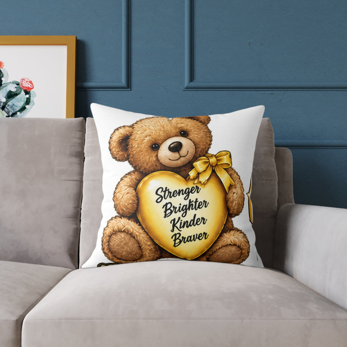 Childhood Cancer Teddy Bear Heart Pillow — "Stronger Brighter Kinder Braver" Decorative Throw Pillow