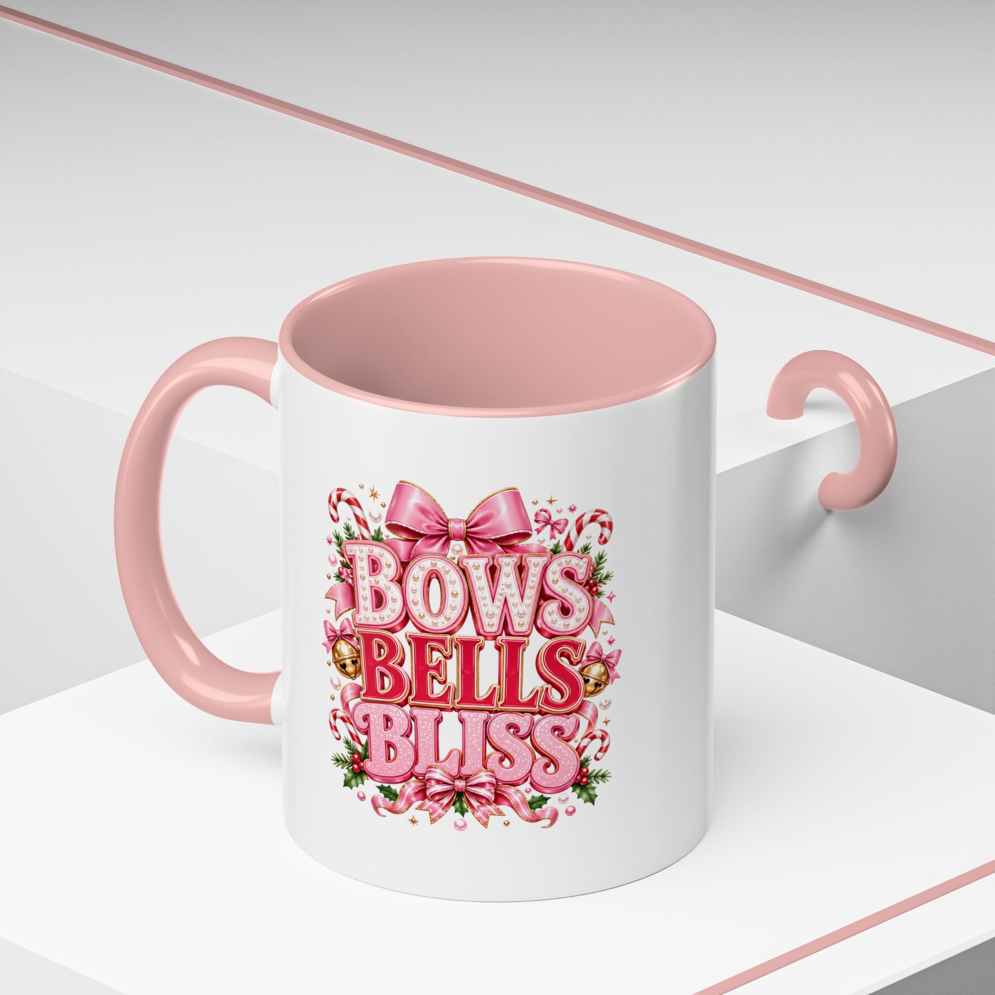 Modern Day Christmas Bows Bells Bliss Coffee Mug — Pink Holiday Accent Mug