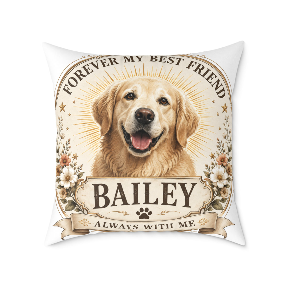Personalized Dog Pillow Milo Bailey Dog Dad Mom - "Forever My Best Friend" Custom Pet Name Golden Retriever Throw Pillow