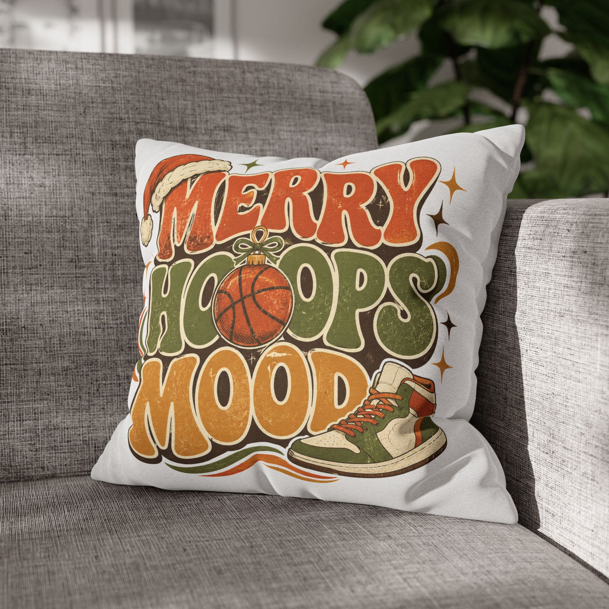 Merry Hoops Mood Holiday Pillowcase Modern Day Christmas  — Basketball Christmas Decorative Throw Pillowcase