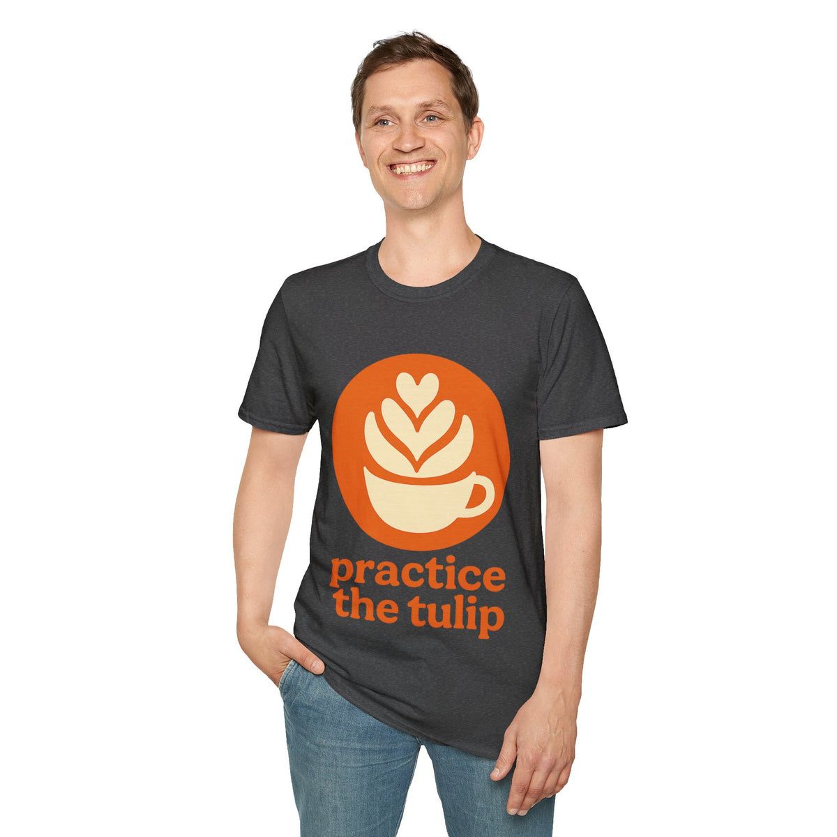 "Practice The Tulip" Latte Art Coffee Graphic Tee - Aesthetic Orange Barista White T-Shirt - Trending Now - September 2026