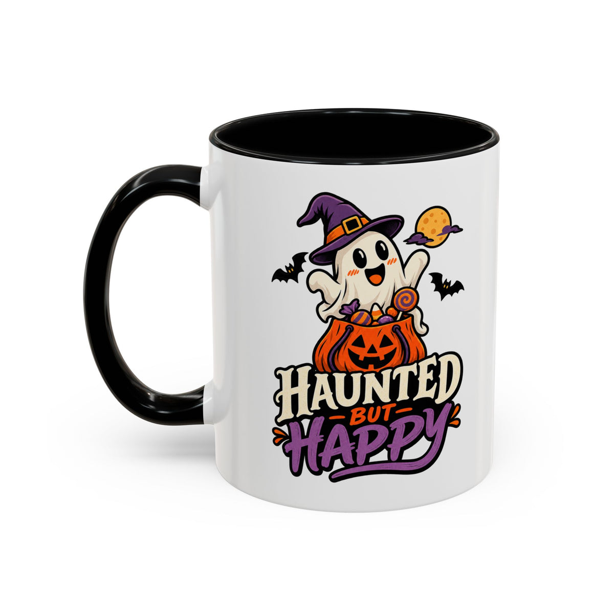 Haunted But Happy Coffee Mug — Halloween Ghost Pumpkin Accent Mug (11/15oz)