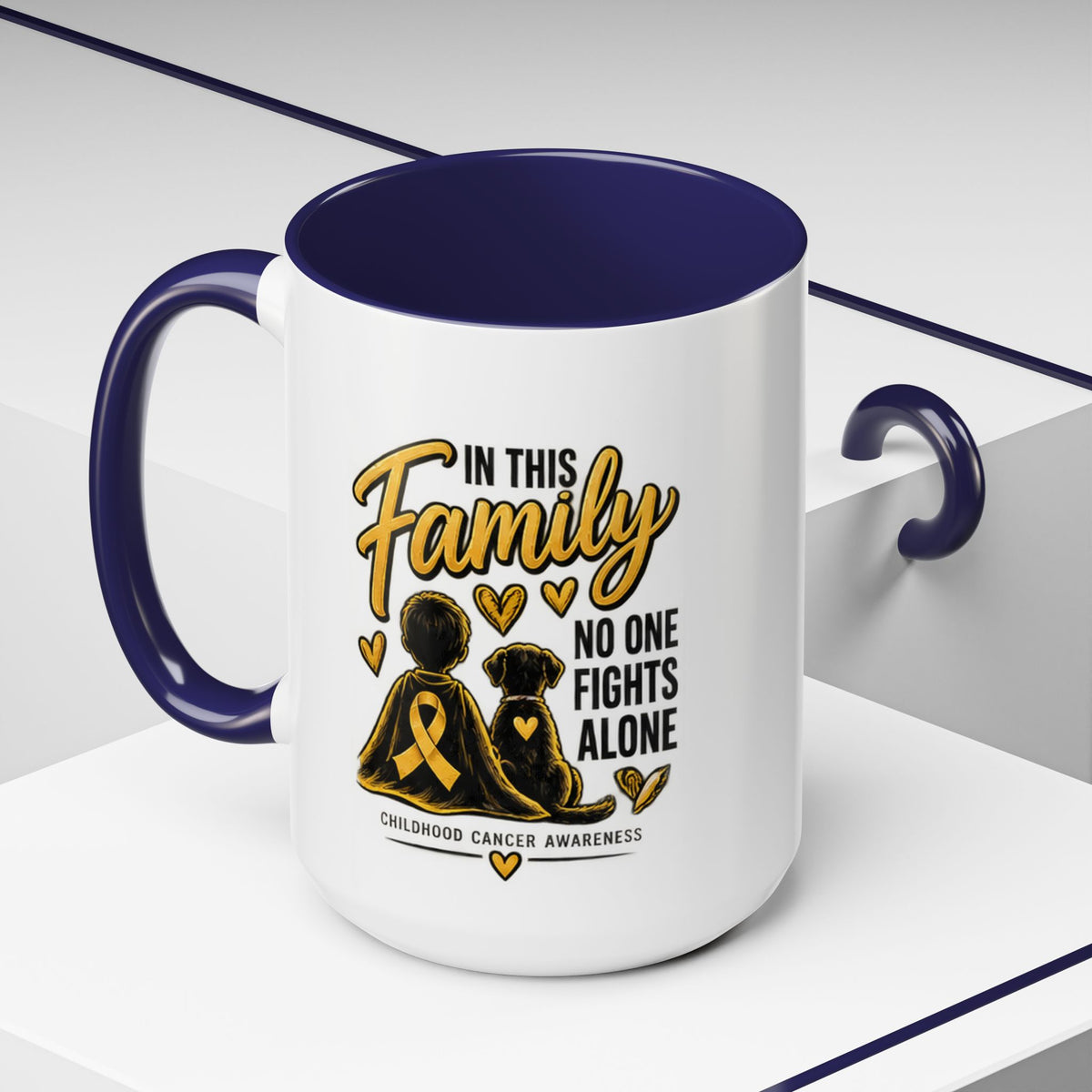 Childhood Cancer Awareness Coffee Mug — "In This Family No One Fights Alone"