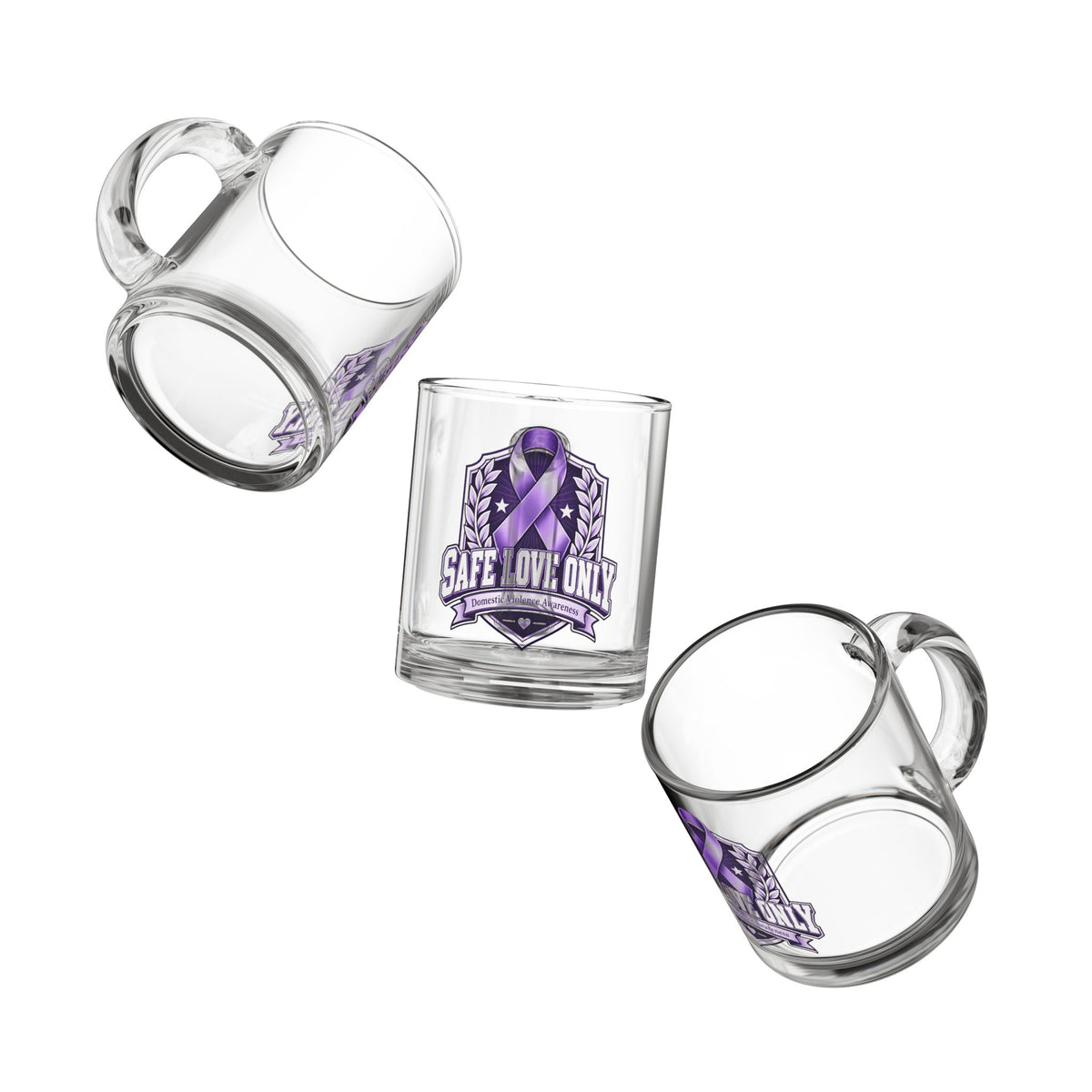 Purple Ribbon "Safe Love Only" Glass Mug — Domestic Violence Awareness 10oz