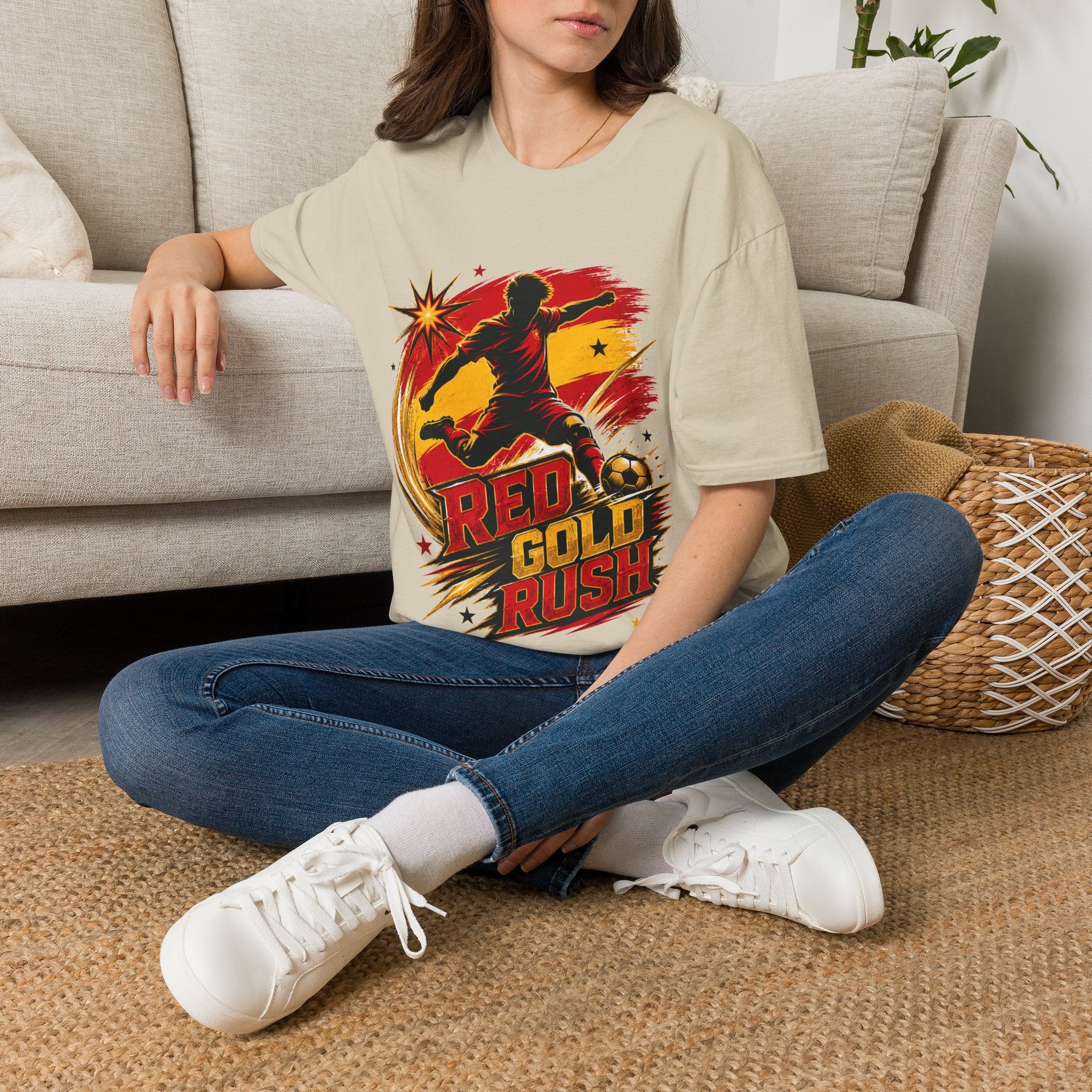 Spain Red & Gold Rush Soccer T-Shirt — Retro Soccer Player Graphic