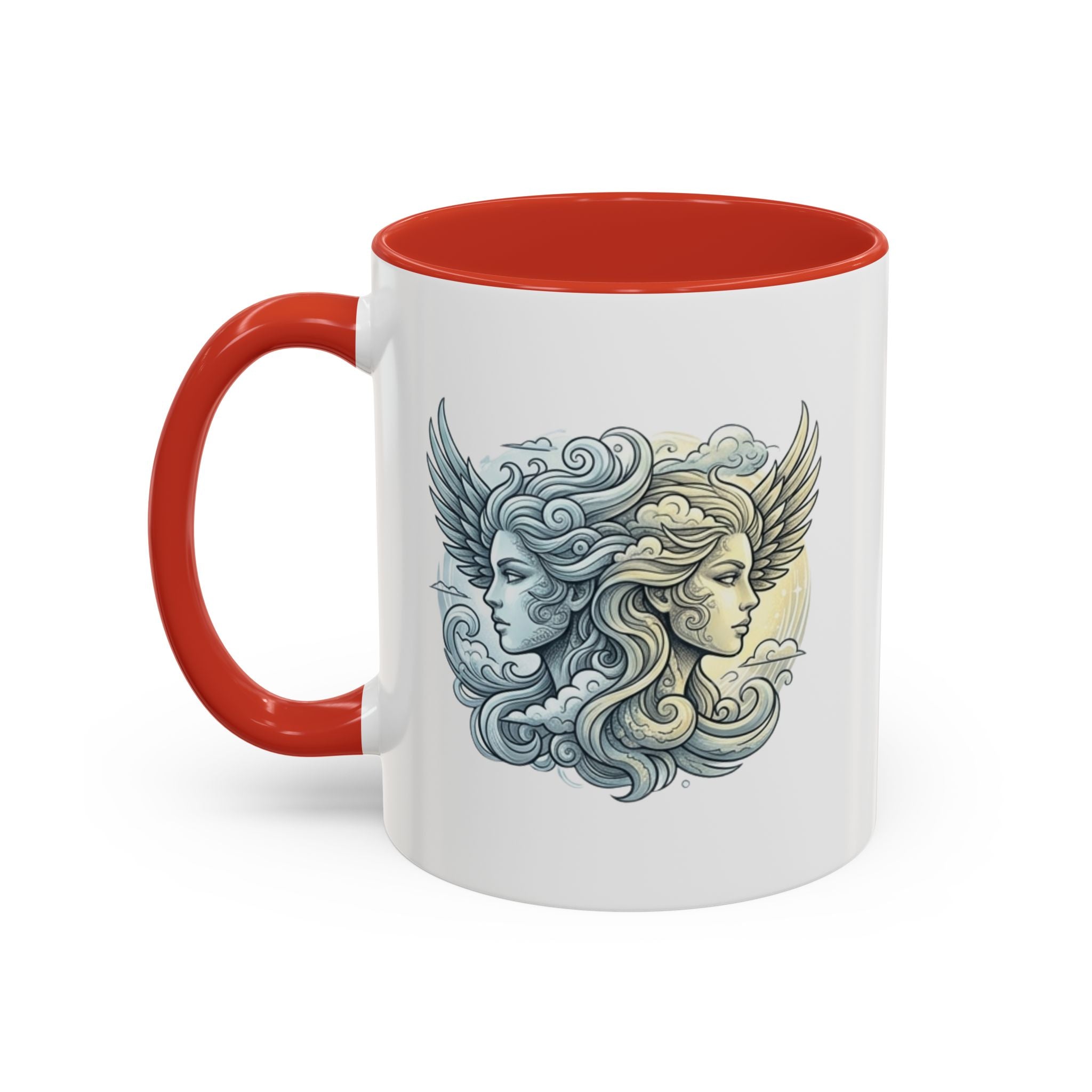 Gemini Twins Accent Coffee Mug — Sun & Moon Winged Faces Illustration