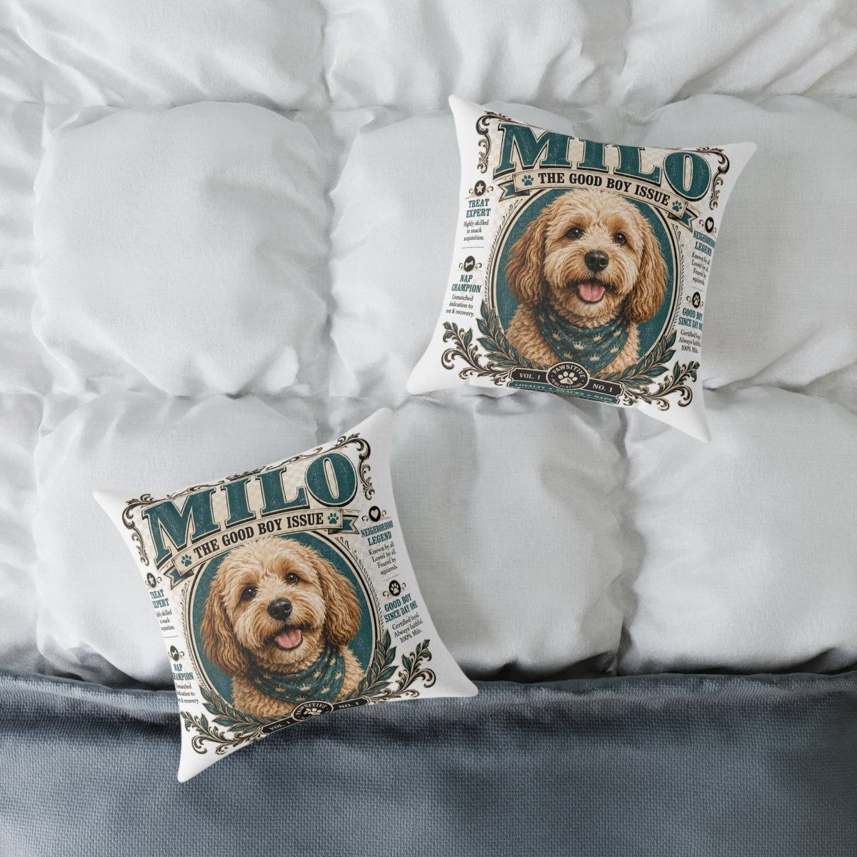 Personalized Dog Pillow - "Milo The Good Boy Issue" Decorative Pet Portrait Cushion  Milo Bailey Dog Dad Mom
