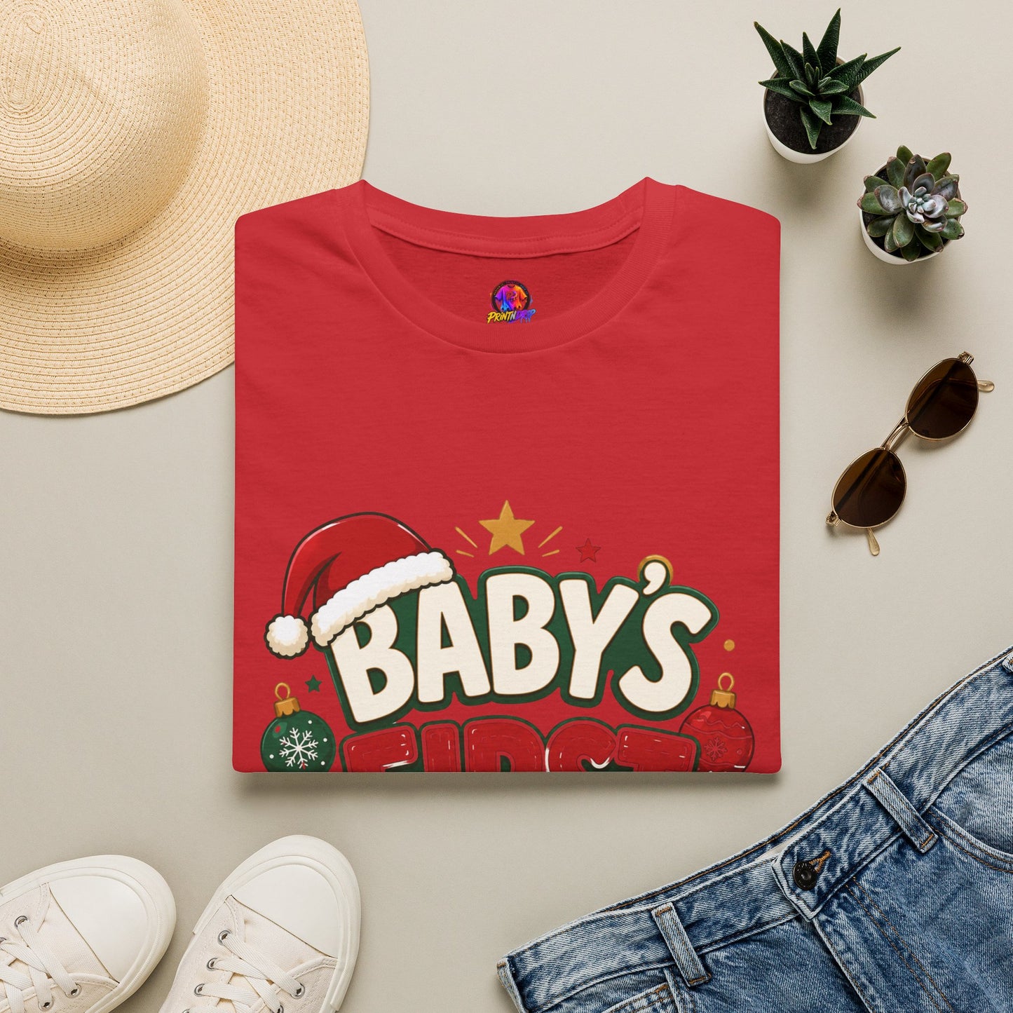 Baby's First Christmas T-Shirt — Festive Santa Hat & Ornaments Holiday Tee
