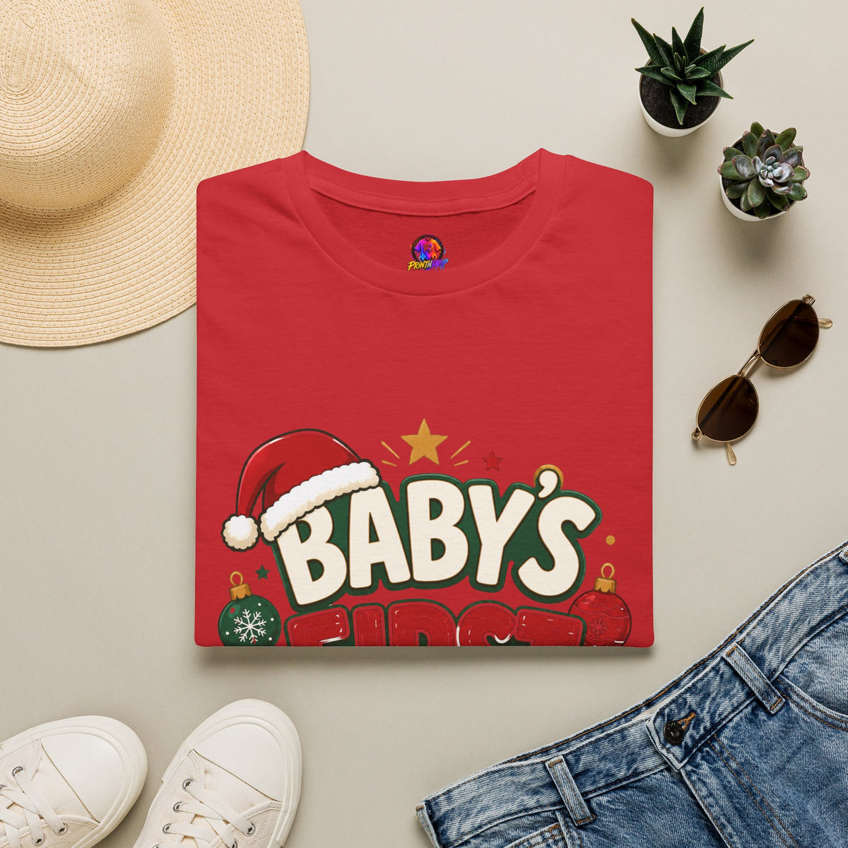 Baby's First Christmas T-Shirt — Festive Santa Hat & Ornaments Holiday Tee