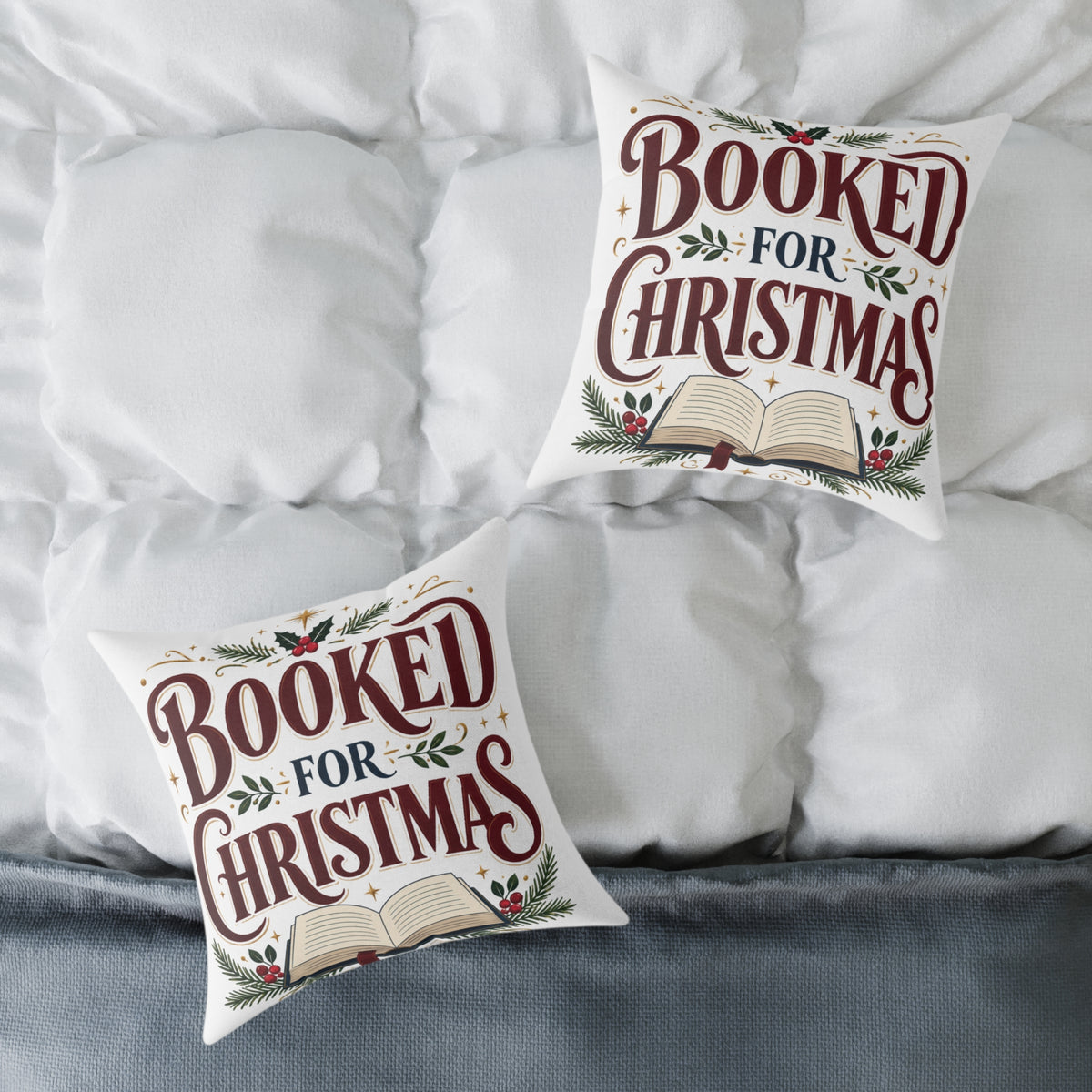 Christmas Book Lover Pillow — "Booked for Christmas" Decorative Throw Pillow