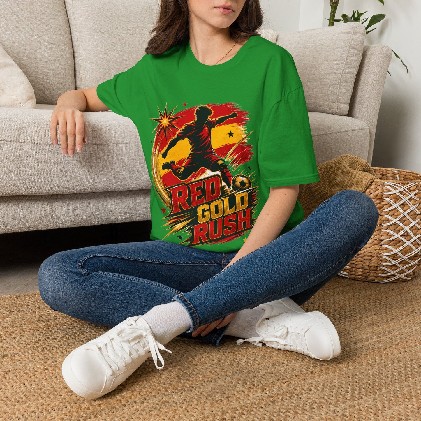 Spain Red & Gold Rush Soccer T-Shirt — Retro Soccer Player Graphic