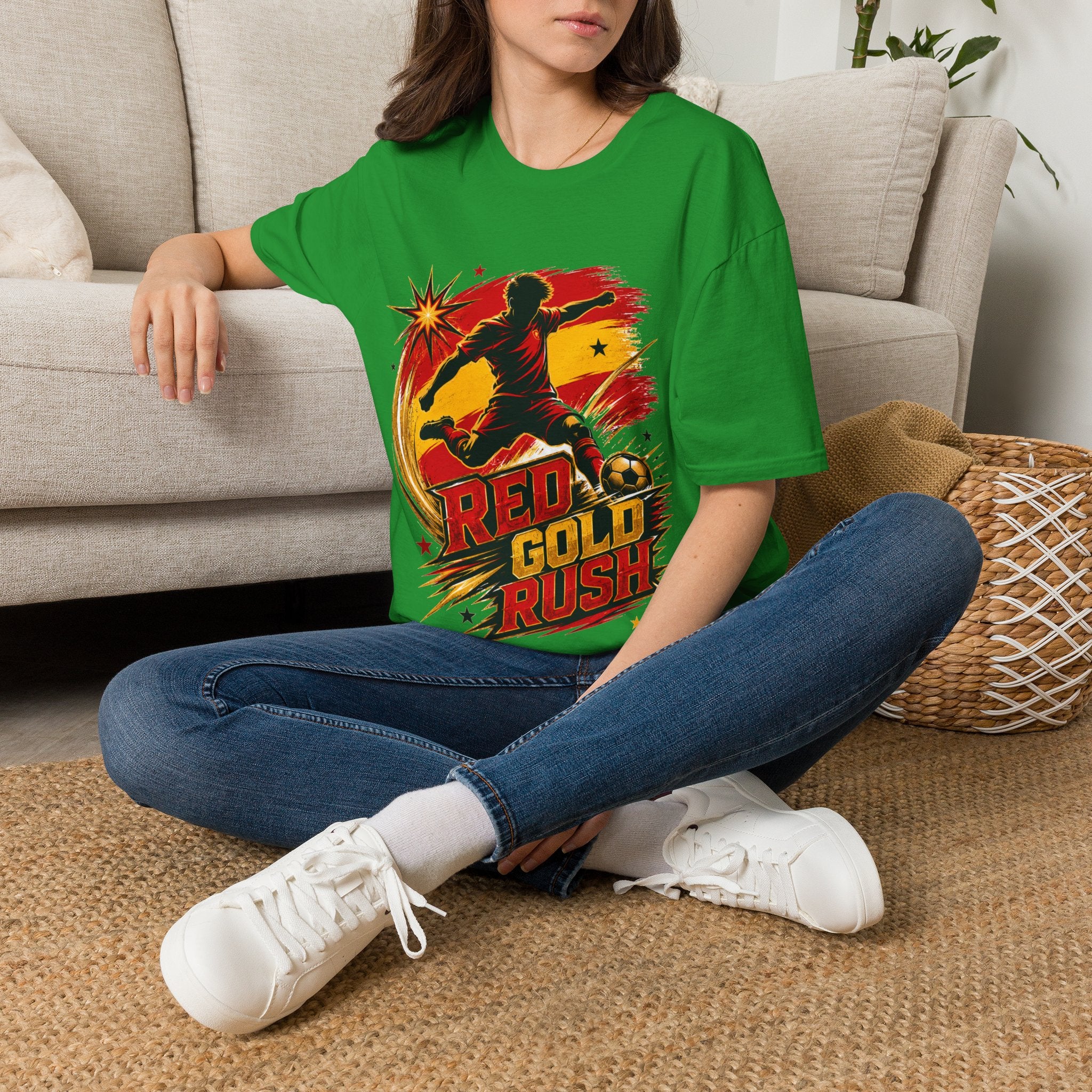 Spain Red & Gold Rush Soccer T-Shirt — Retro Soccer Player Graphic