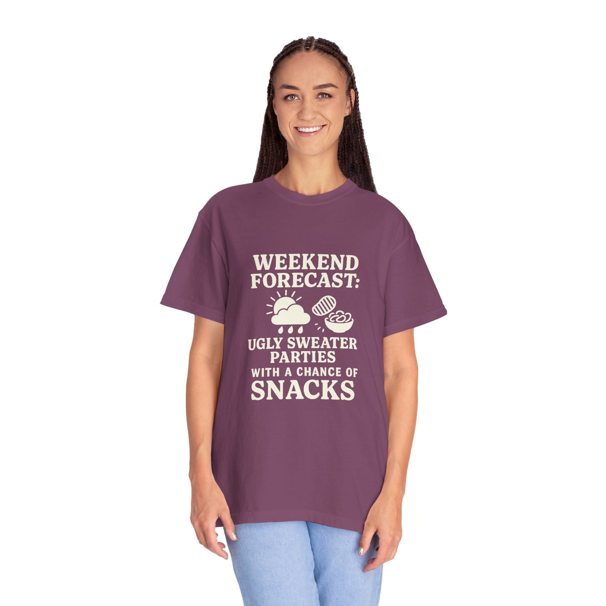 Weekend Forecast T-Shirt — "Ugly Sweater Parties with a Chan of Snacks" Holiday Tee - Trending Now - October 2026
