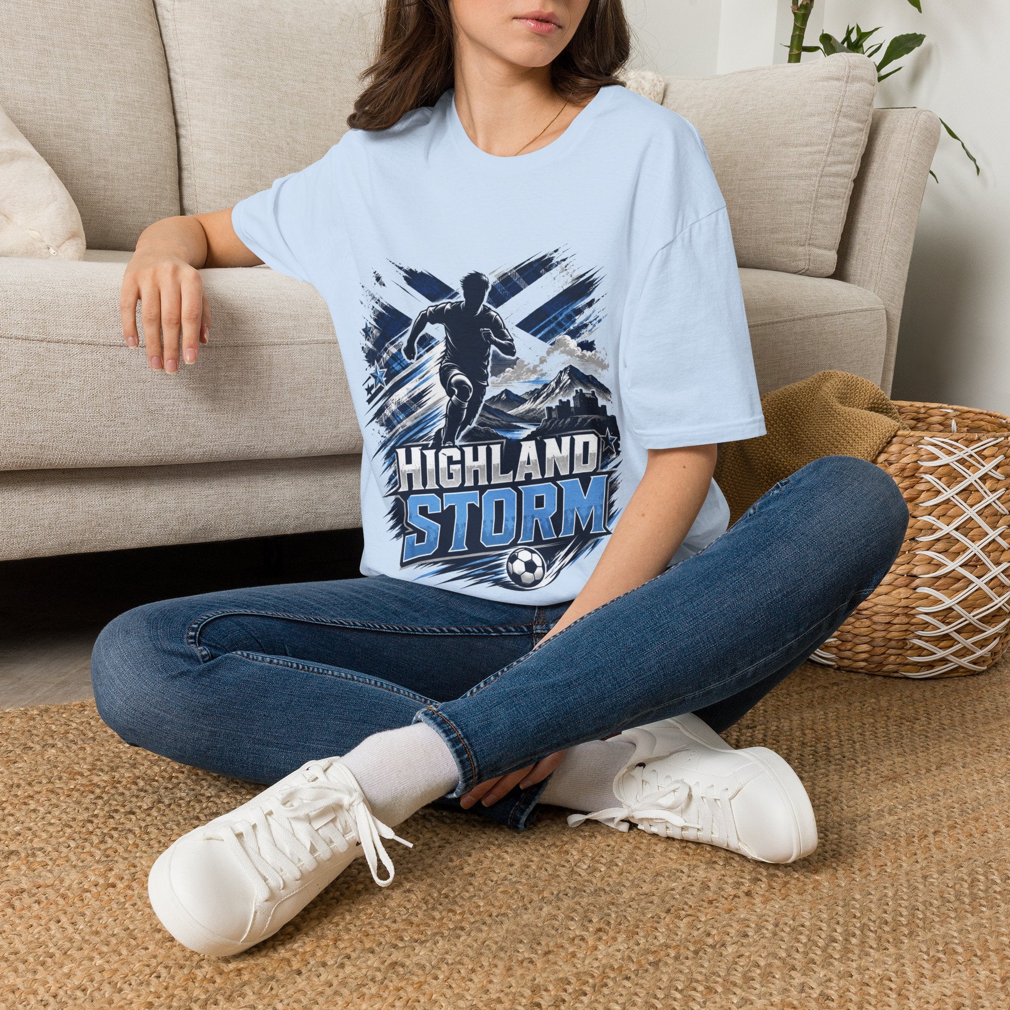 Scotland Highland Storm Soccer T-Shirt — Mountain Soccer Player Graphic Tee
