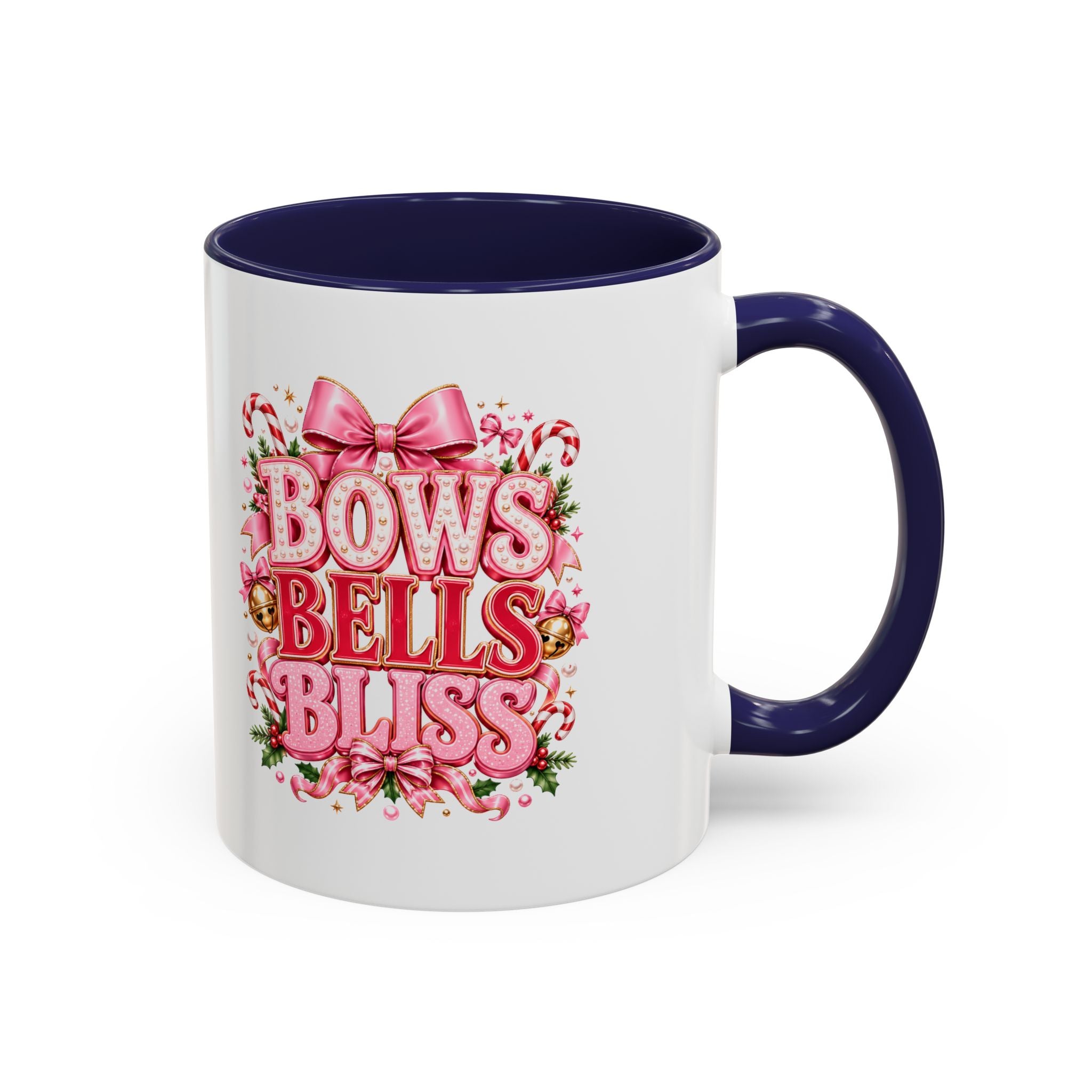 Modern Day Christmas Bows Bells Bliss Coffee Mug — Pink Holiday Accent Mug