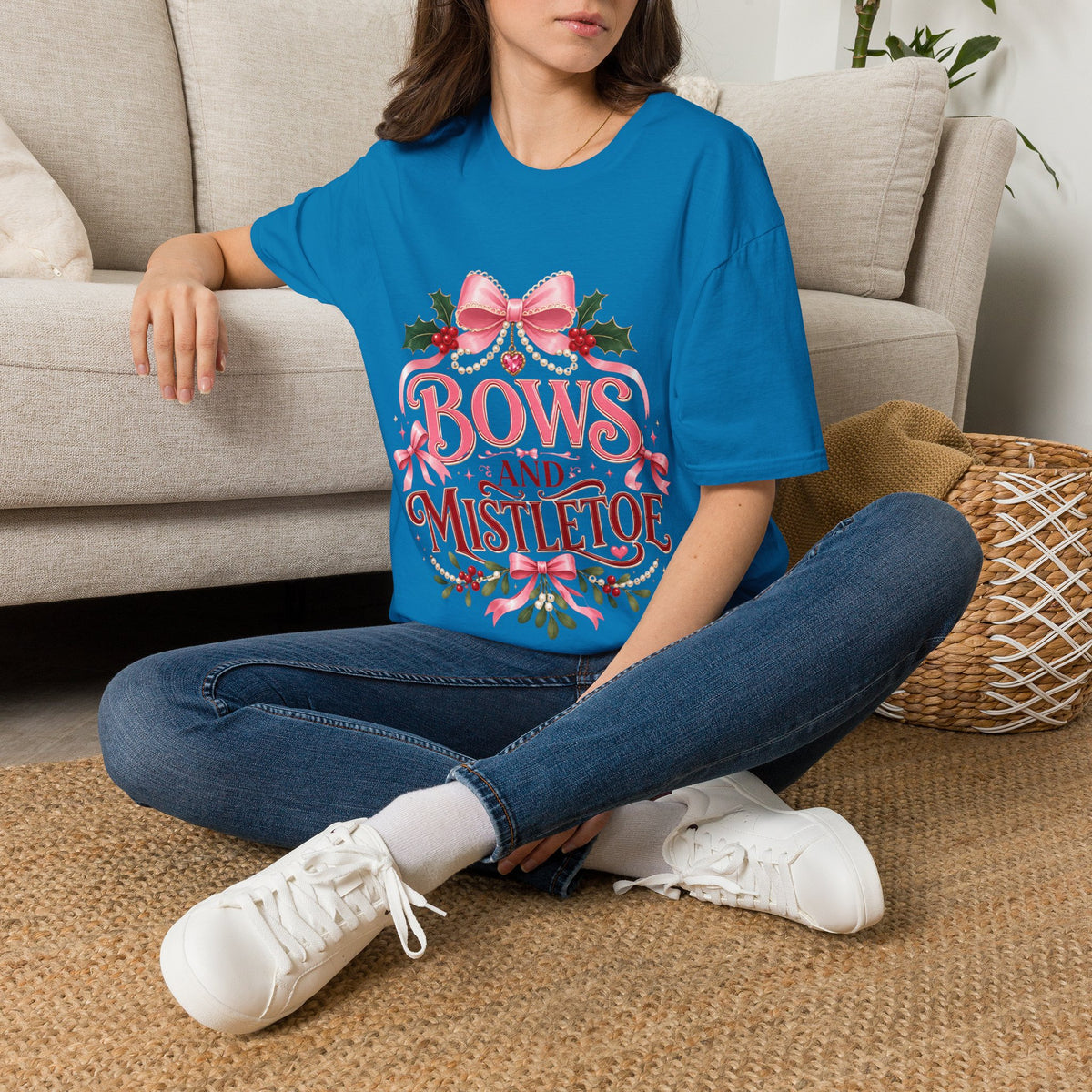Bows and Mistletoe T-Shirt — Pink Holiday Bow Christmas Tee