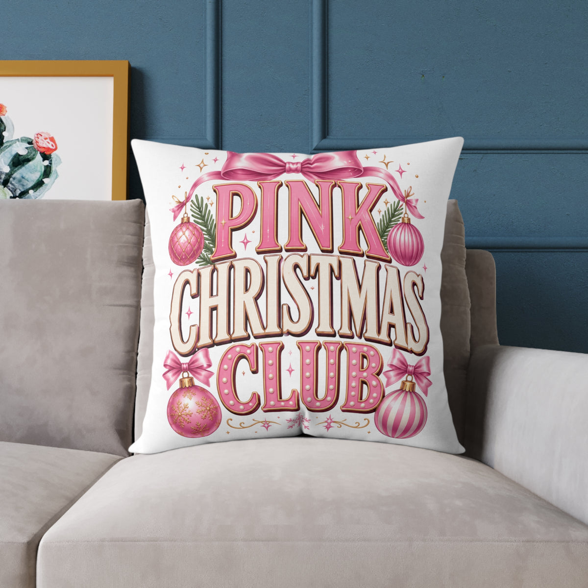 Pink Christmas Club Throw Pillow — Festive Pink Holiday Decorative Cushion