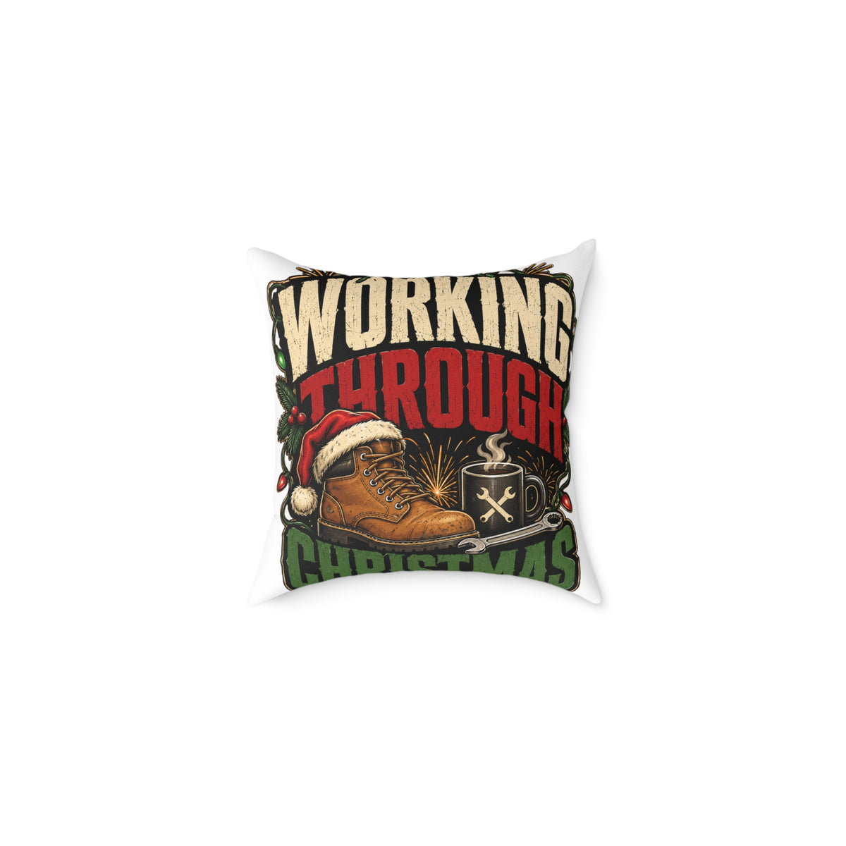 Working Through Christmas Modern Day Christmas Decorative Pillow — Holiday Boot & Coffee Throw Pillow