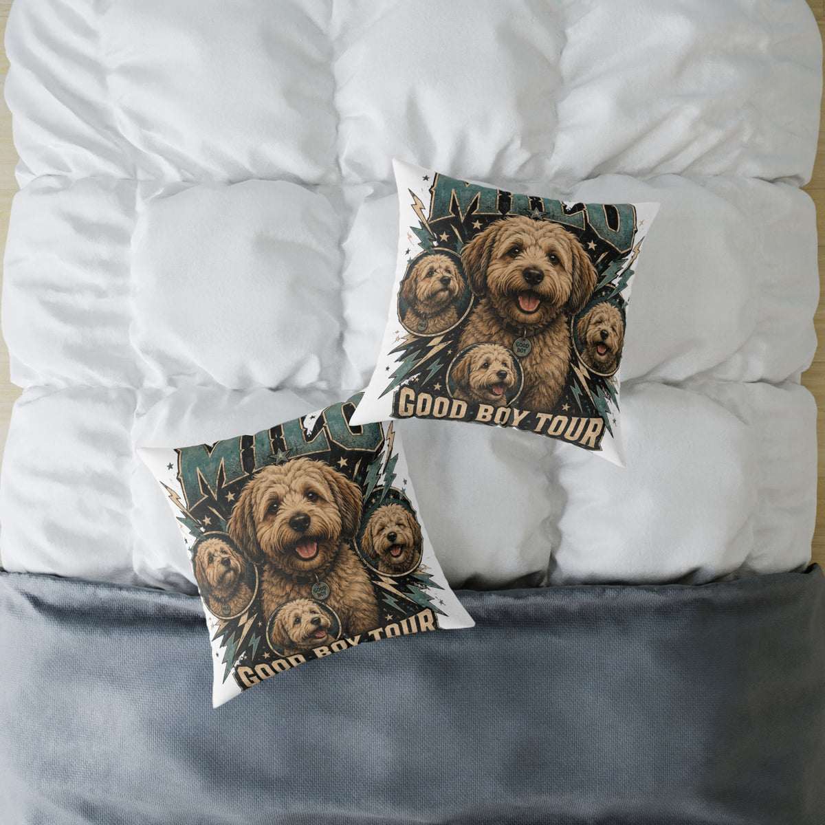 Milo Golden Doodle Band Tour Square Pillow  Milo Bailey Dog Dad Mom— Retro Dog Portrait Decorative Throw