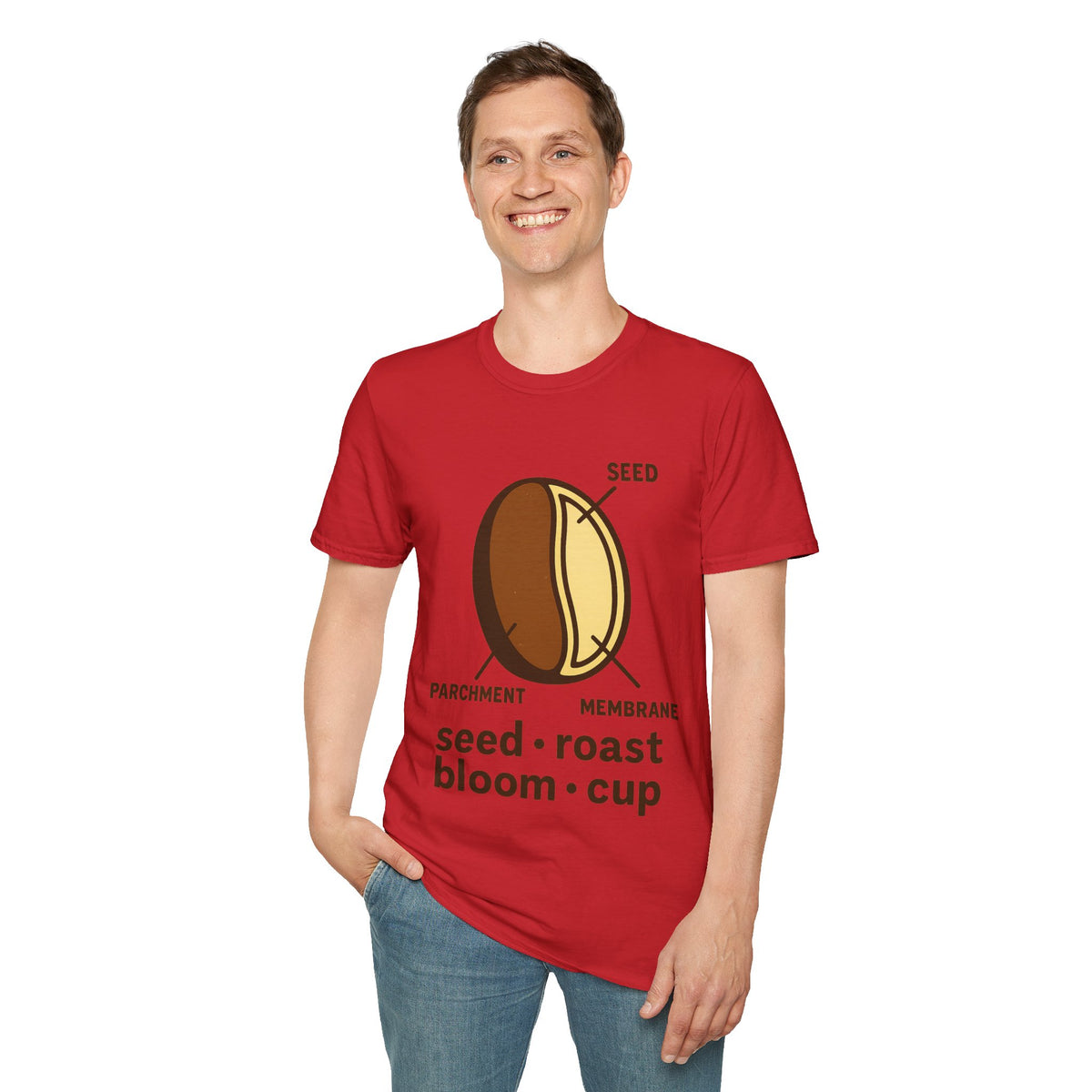 "Seed Roast Bloom Cup" Coffee Bean Graphic Tee - Minimalist Barista Aesthetic White T-Shirt - Trending Now - September 2026