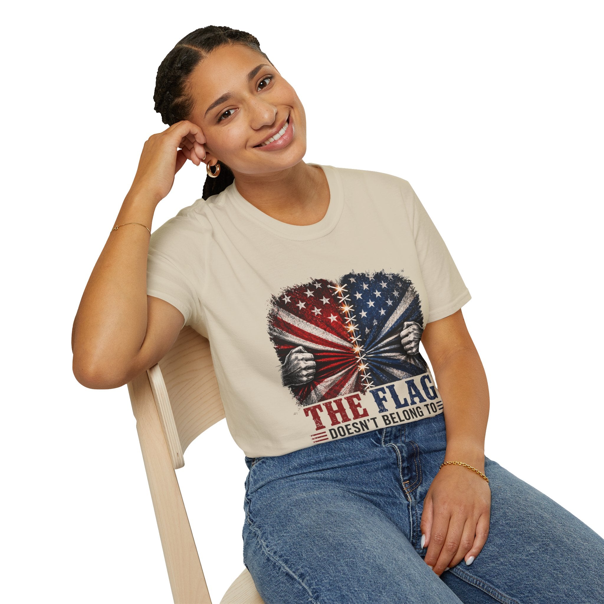 T-Shirt — "The Flag Doesn't Belong to One Side" Distressed American Flag Graphic