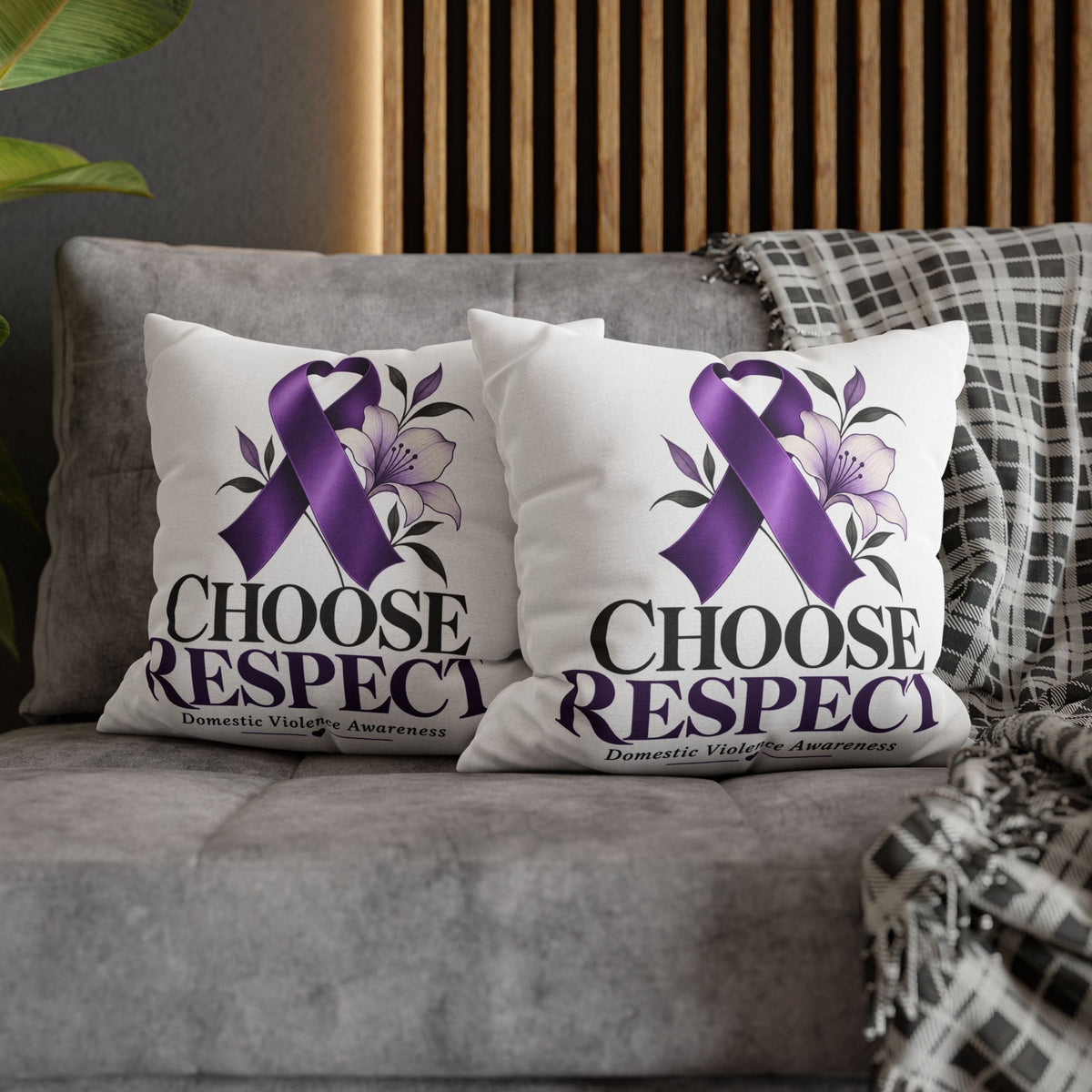 Choose Respect Purple Ribbon Pillowcase — Domestic Violence Awareness Decorative Throw Pillow