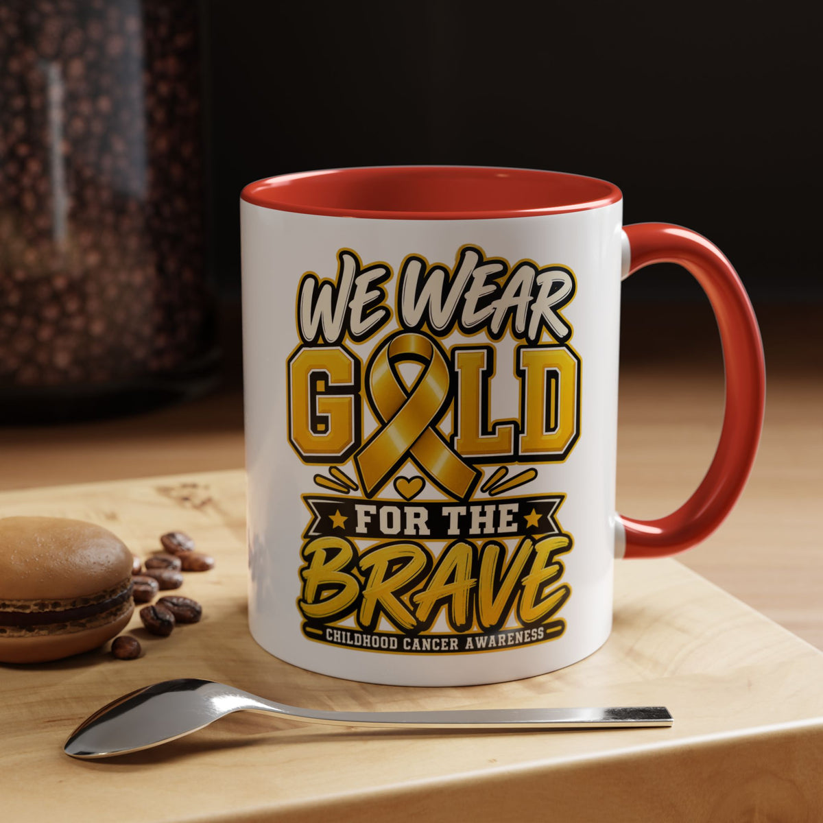 Childhood Cancer Awareness Accent Coffee Mug – "We Wear Gold for the Brave" (11/15 oz)