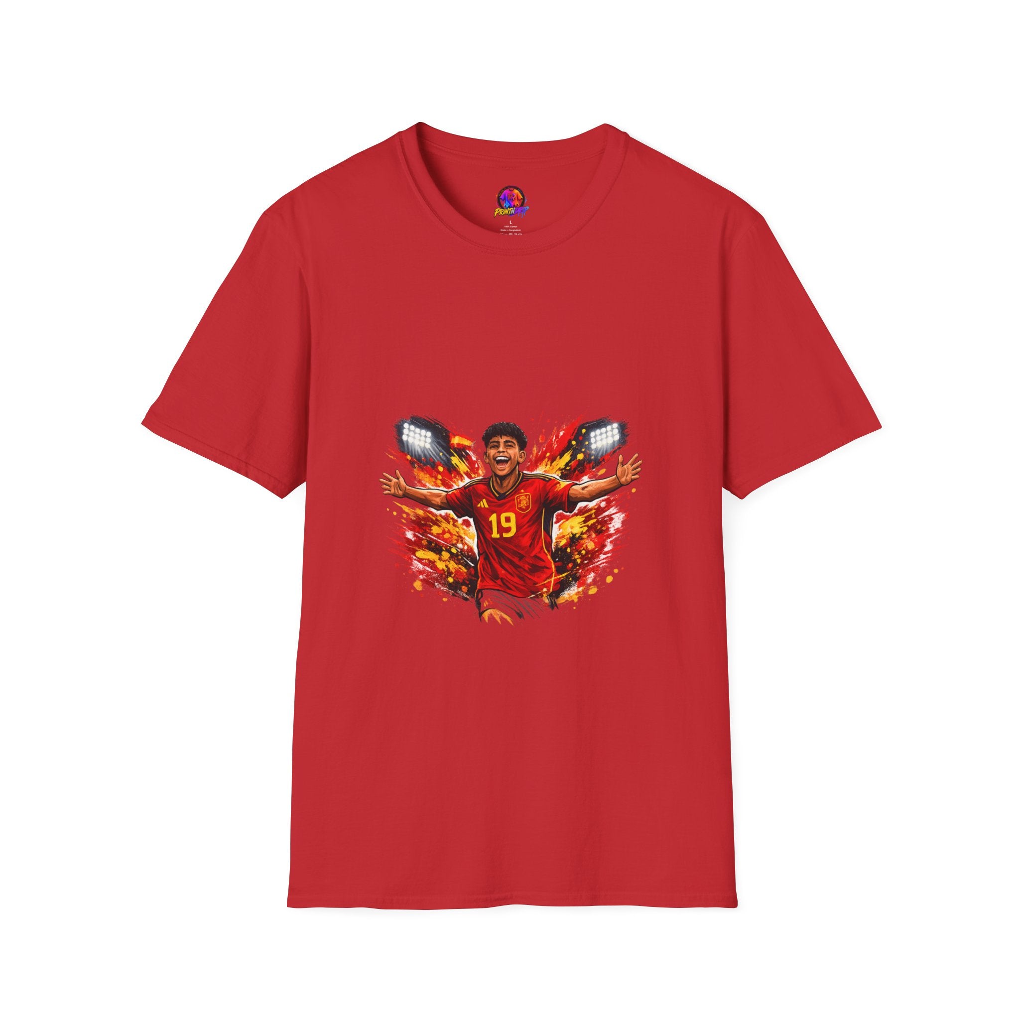 Spain Soccer Fan Portrait T‑Shirt – Fiery Goal Celebration Design