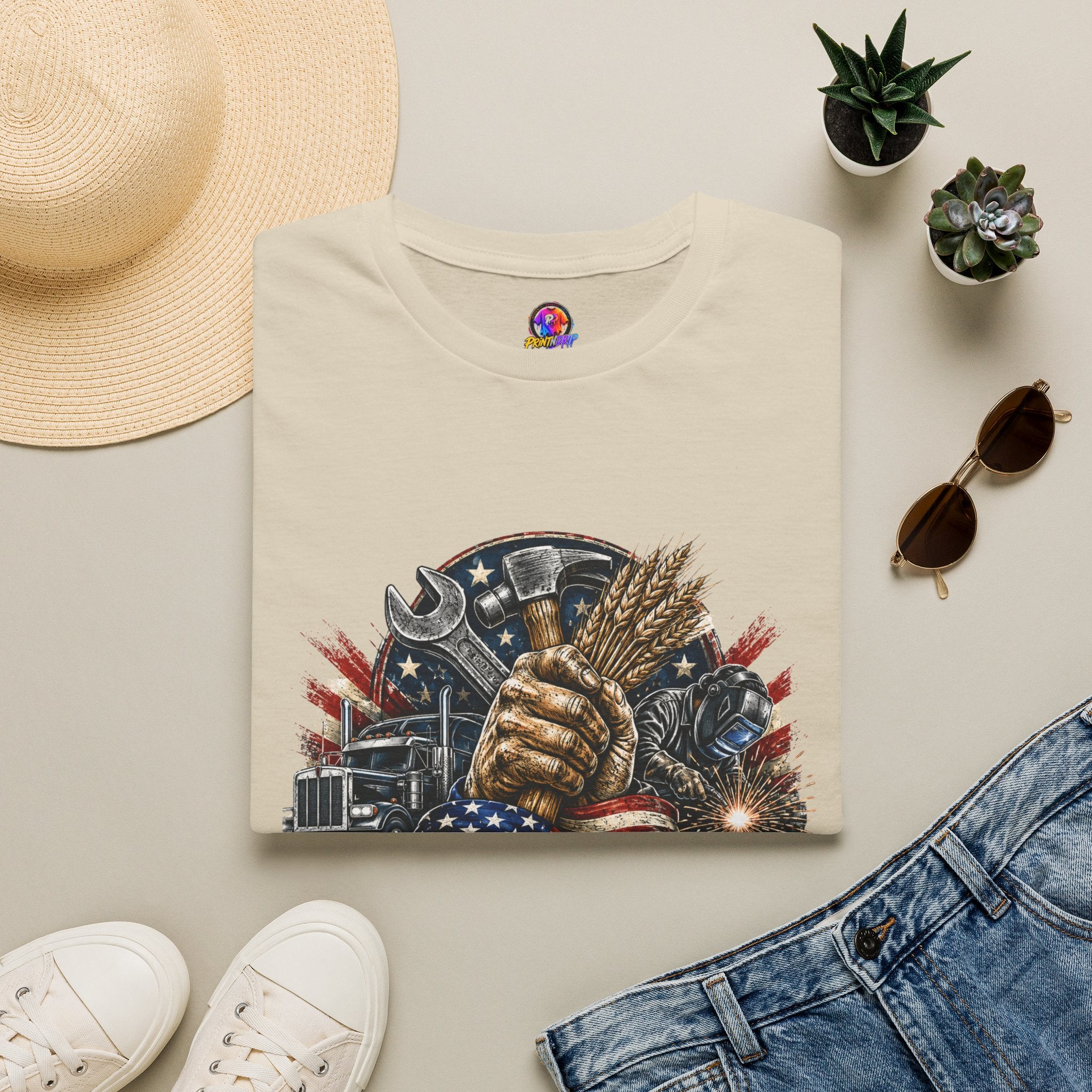 Freedom Runs on Working Hands T-Shirt — Patriotic Mechanic Tool & Wheat Design
