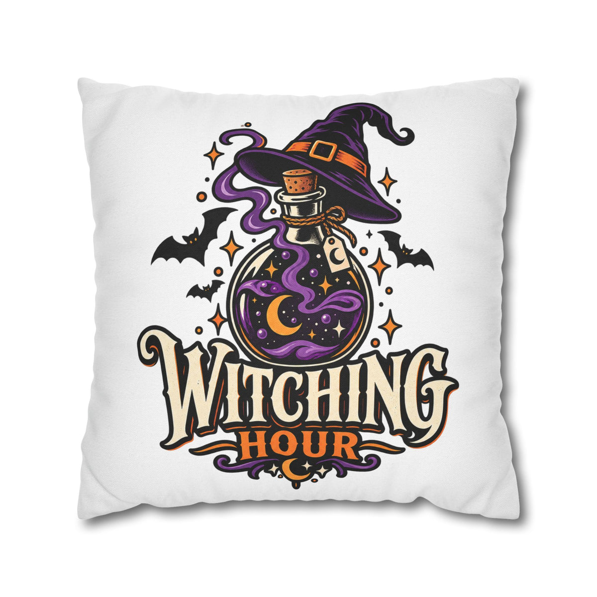 Witching Hour Square Pillowcase – Halloween Potion Witch Hat Throw Pillow Cover