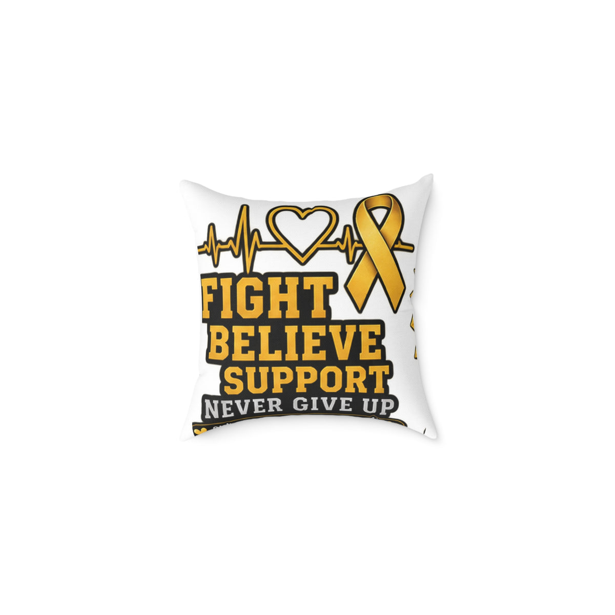 Childhood Cancer Awareness Pillow - "Fight Believe Support Never Give Up" Gold Ribbon Accent
