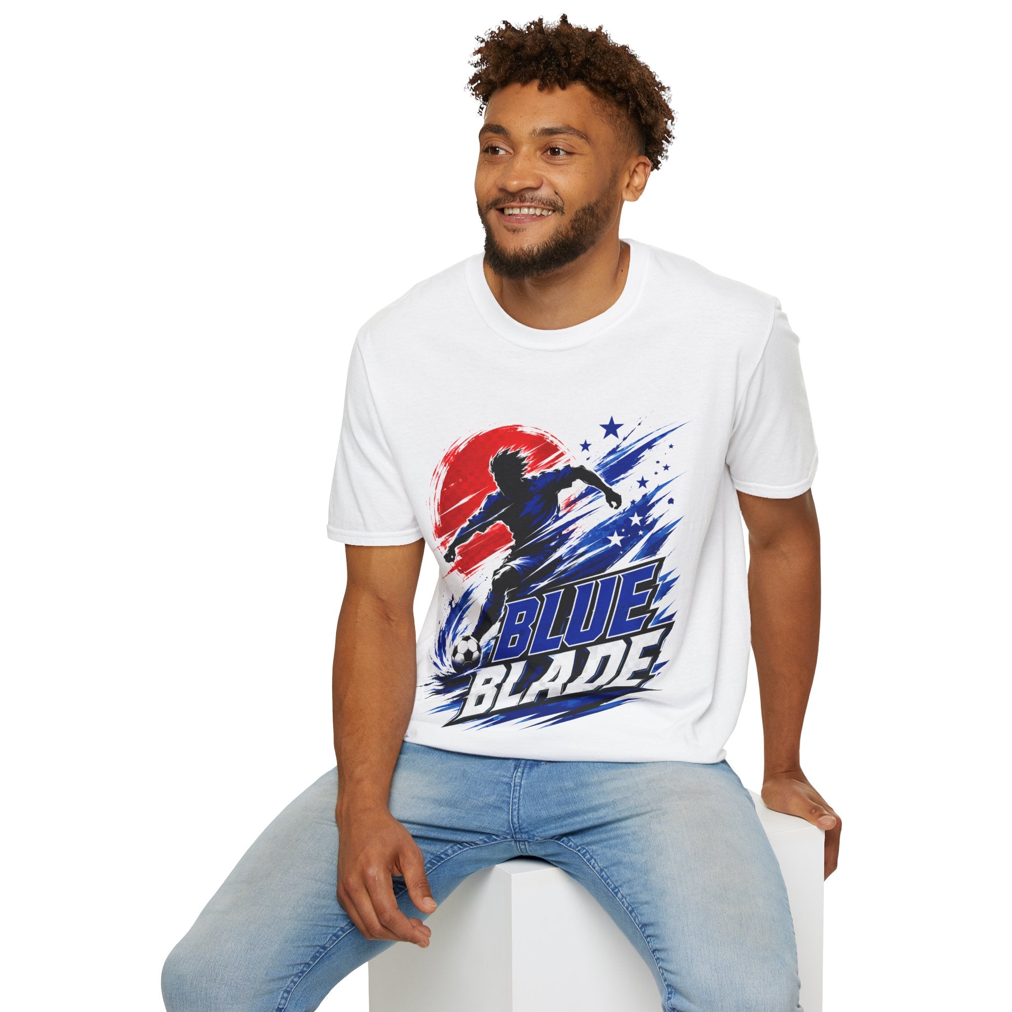 Japan T-Shirt — Blue Blade Soccer Graphic Tee (Red & Blue Starburst)