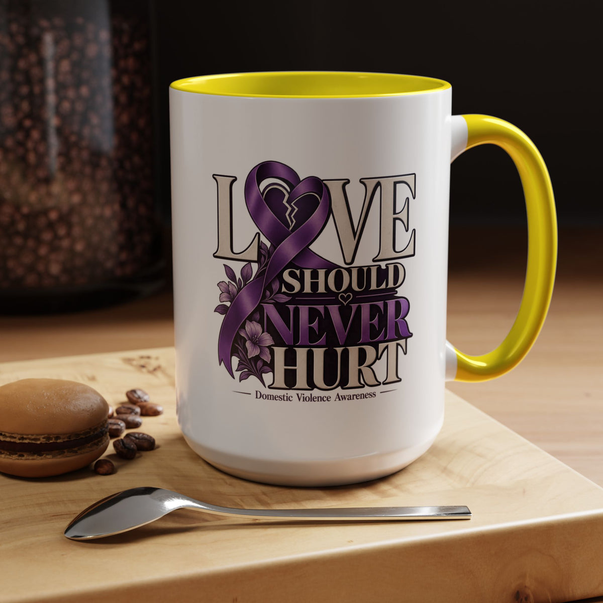 Domestic Violence Awareness Accent Coffee Mug – "Love Should Never Hurt" (11/15oz)
