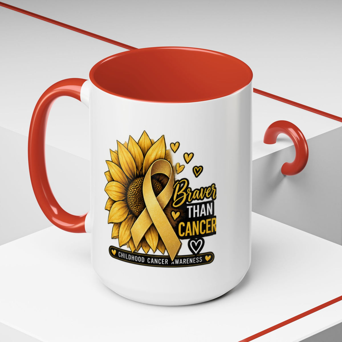 Childhood Cancer Awareness Mug — "Braver Than Cancer" Sunflower & Gold Ribbon