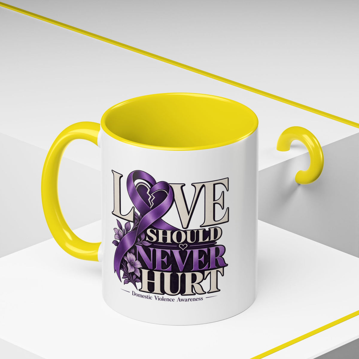 Domestic Violence Awareness Accent Coffee Mug – "Love Should Never Hurt" (11/15oz)