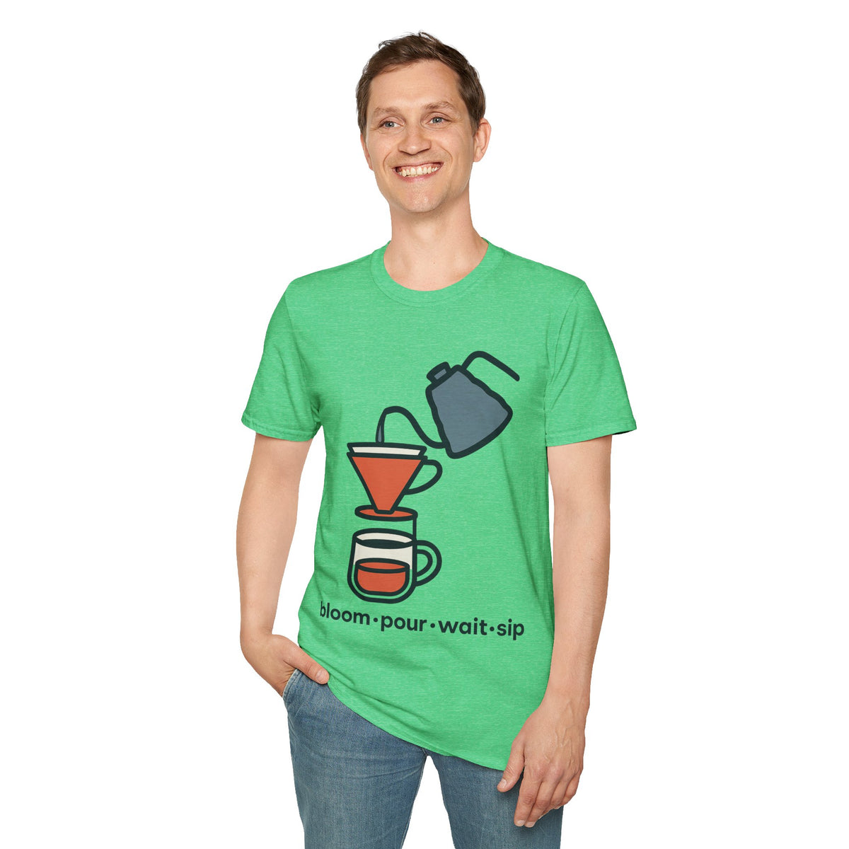 "Bloom Pour Wait Sip" Pour Over Coffee Graphic Tee - Aesthetic Minimalist Barista White T-Shirt - Trending Now - September 2026