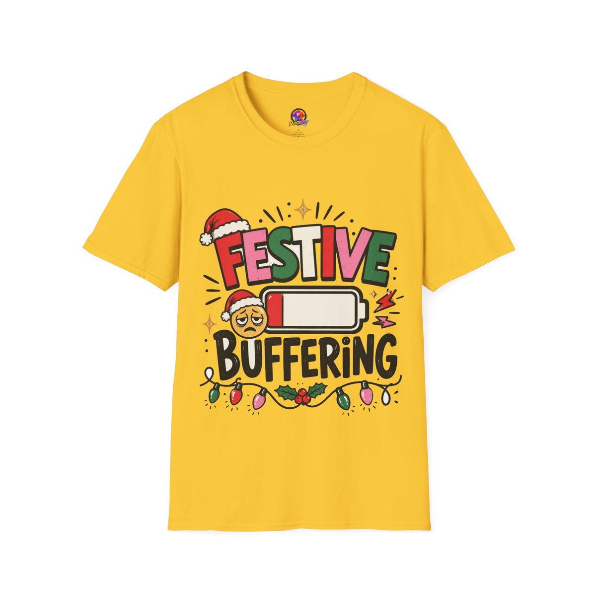 Festive Buffering T-Shirt — Funny Holiday Christmas Tee with Loading Battery Design