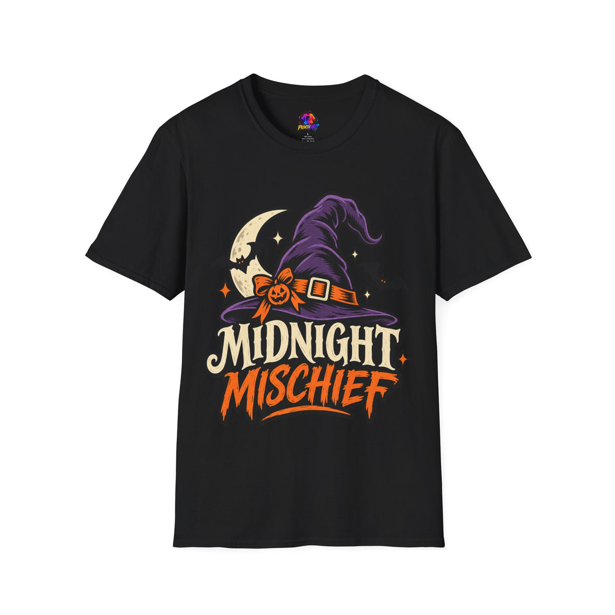 Midnight Mischief Halloween T-Shirt — Witch Hat & Bats Graphic