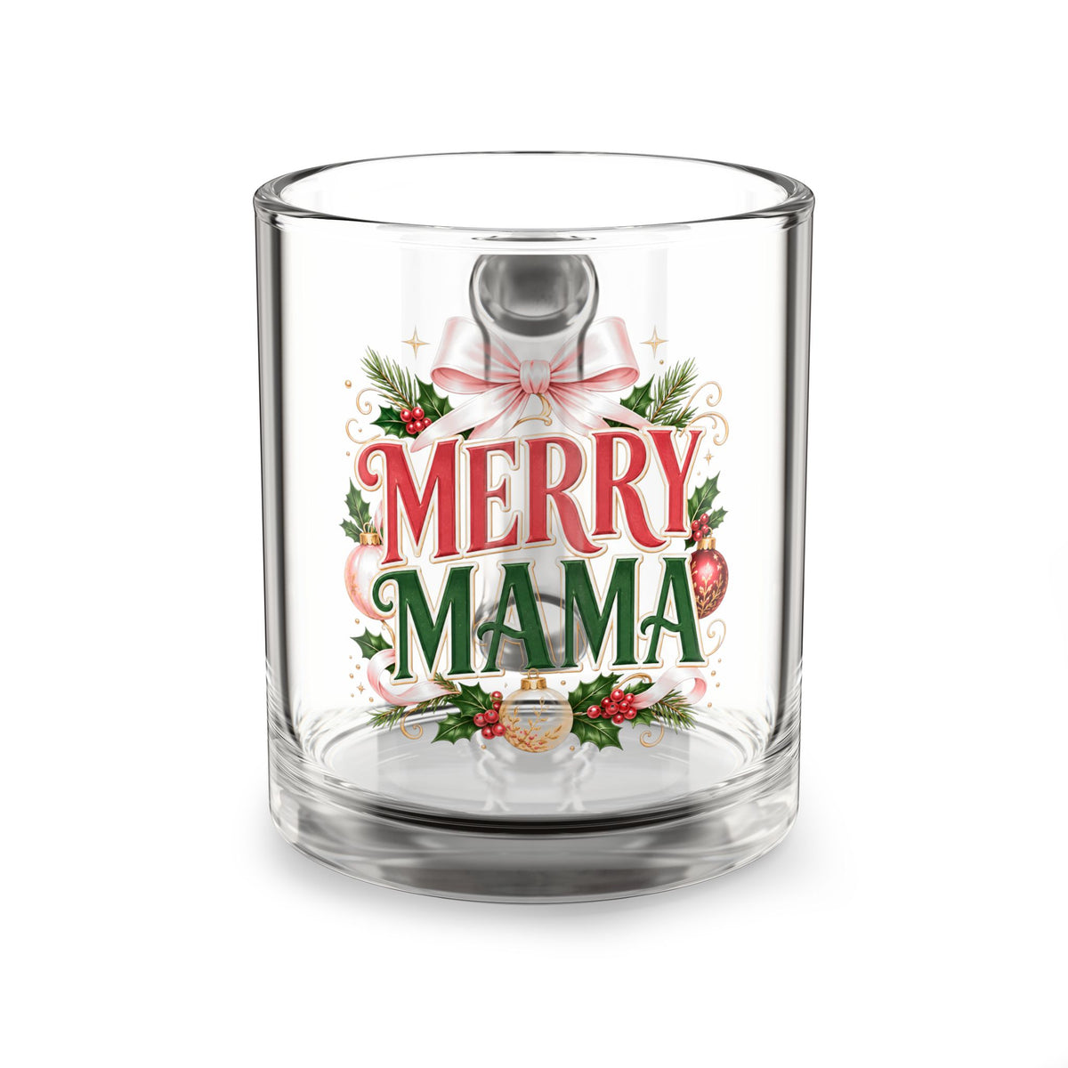 Christmas Glass Mug 10 oz Merry Mama Glass Mug — 10oz Christmas Coffee Cup with Festive Wreath Design