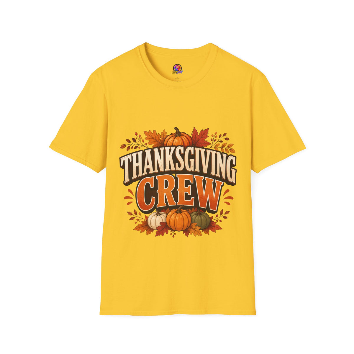 Thanksgiving T-Shirt Crew T-Shirt— Festive Pumpkin & Fall Leaves Holiday Tee