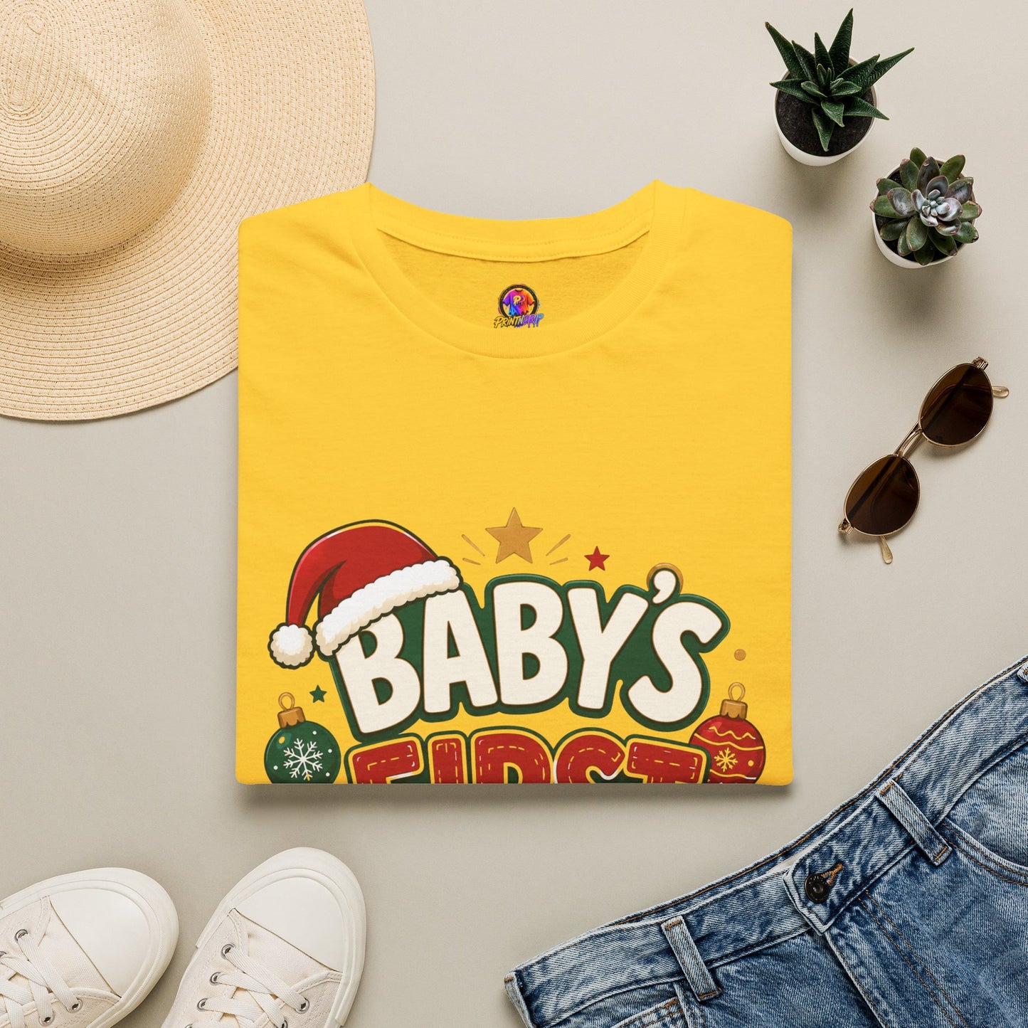 Baby's First Christmas T-Shirt — Festive Santa Hat & Ornaments Holiday Tee
