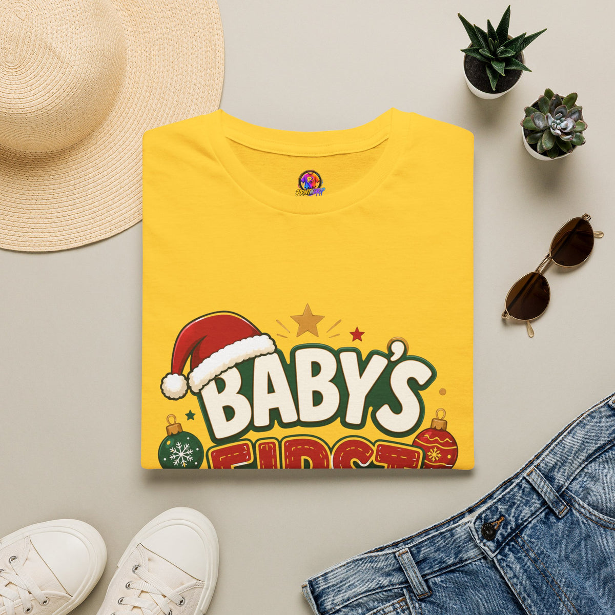 Baby's First Christmas T-Shirt — Festive Santa Hat & Ornaments Holiday Tee
