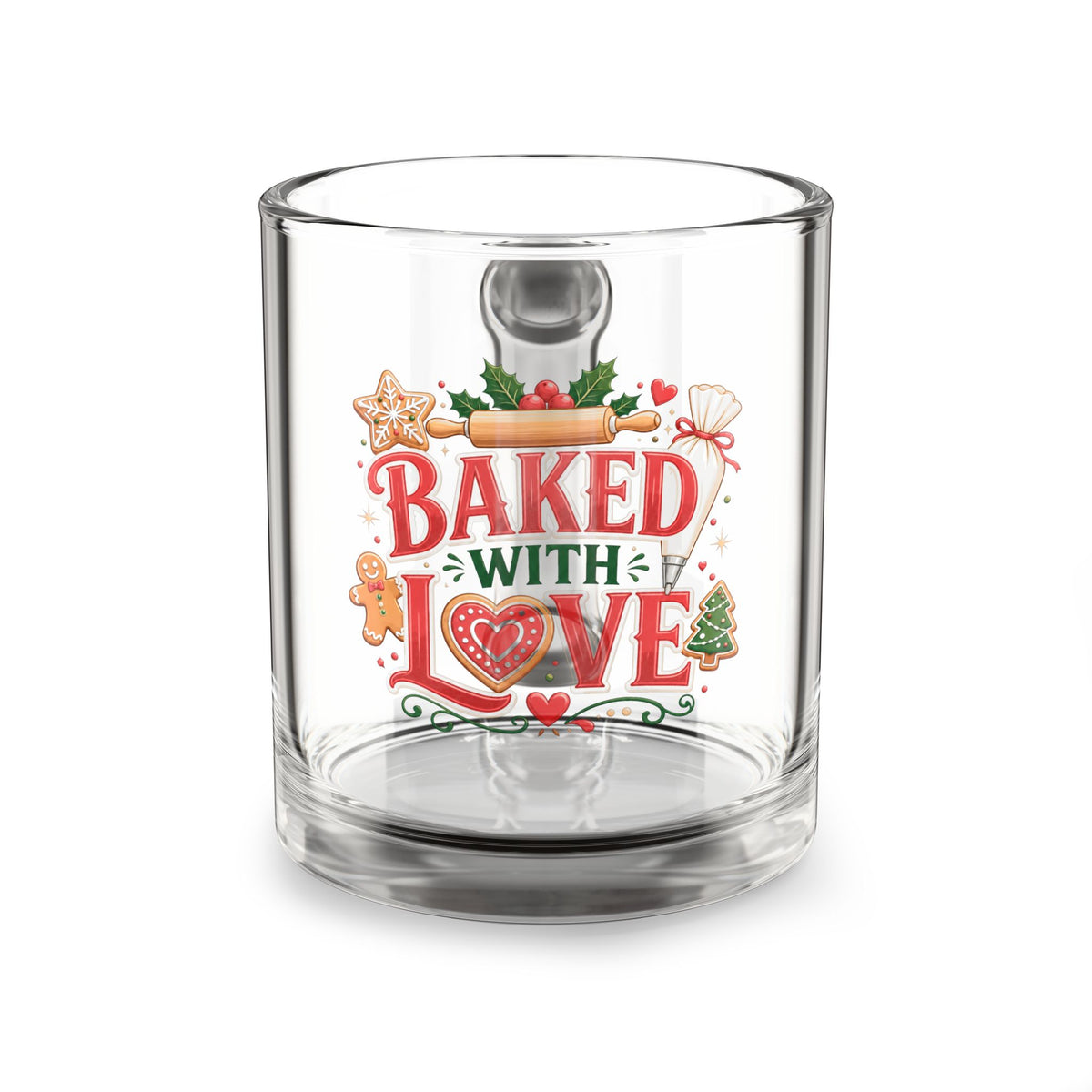 Christmas Glass Mug 10 oz Glass Mug — "Baked With Love" Holiday Baking Coffee Cup (10oz)