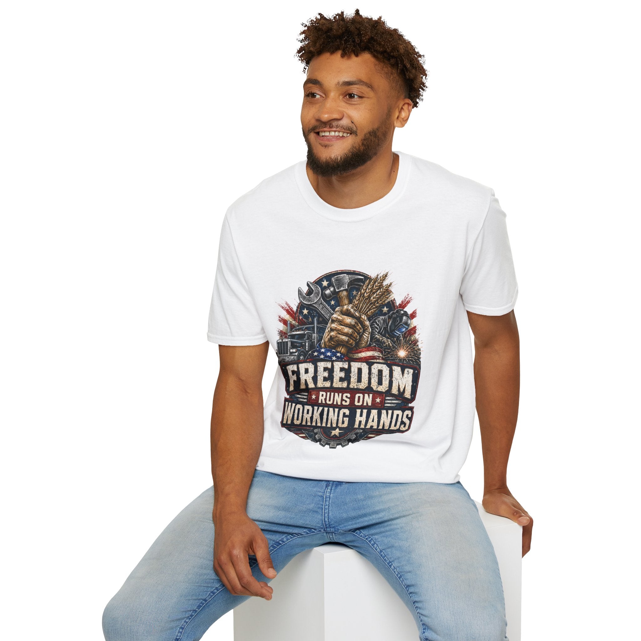 Freedom Runs on Working Hands T-Shirt — Patriotic Mechanic Tool & Wheat Design
