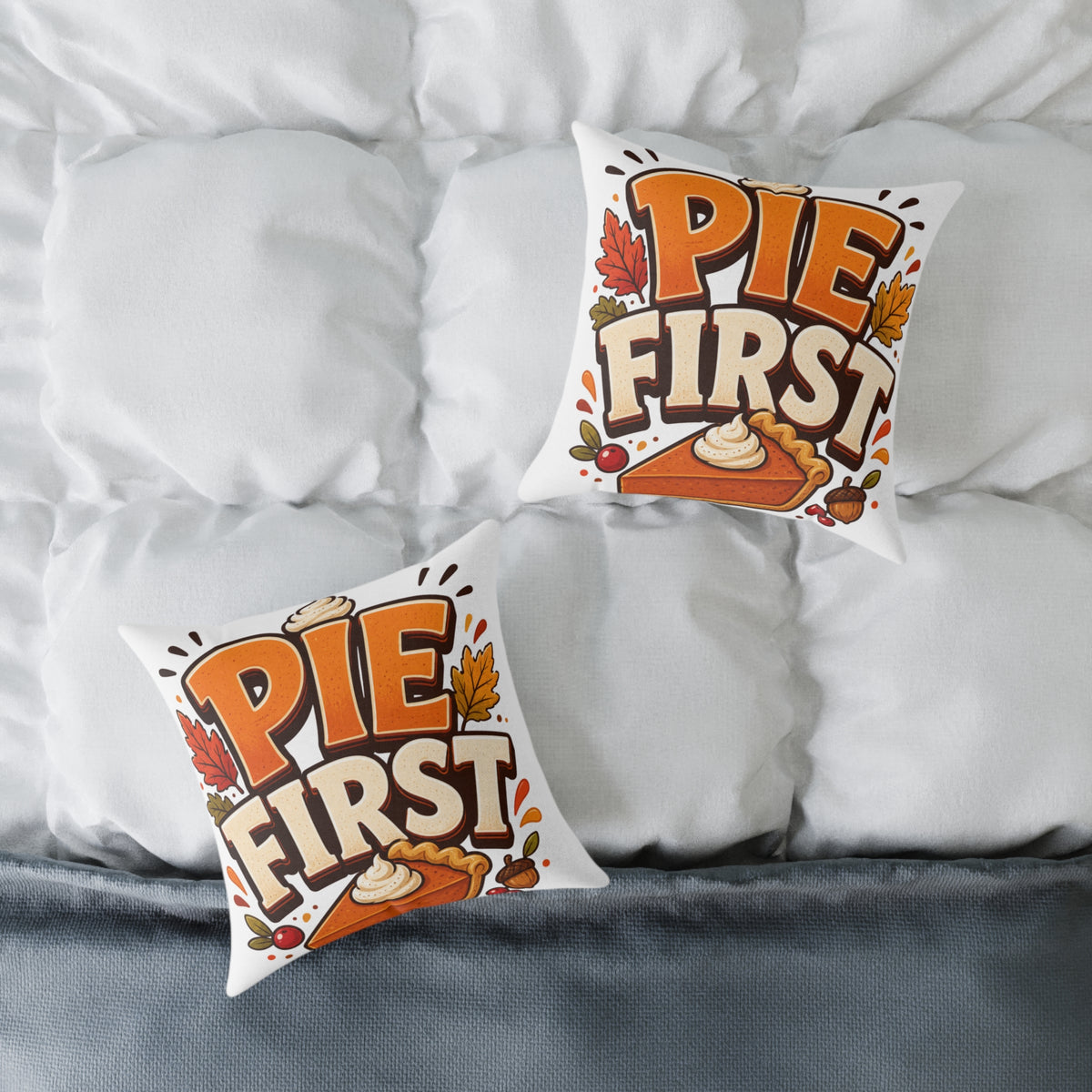 Thanksgiving Pie First Throw Pillow — Thanksgiving Decor Pillow with Pumpkin Pie Graphic