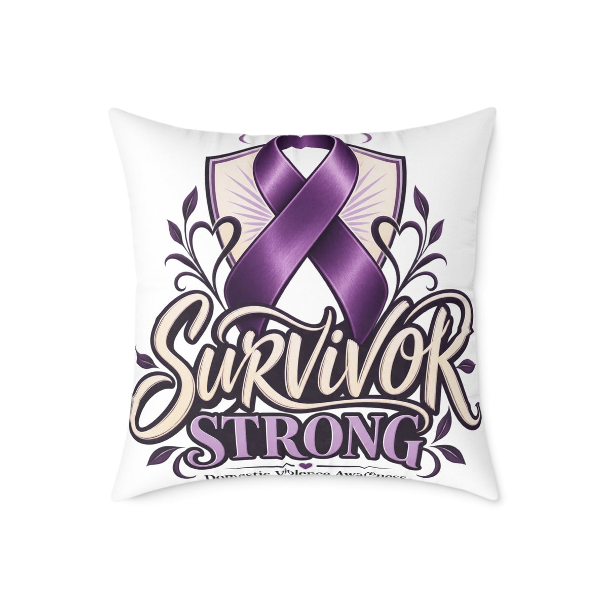 Survivor Strong Purple Ribbon Square Pillow — Domestic Violence Awareness Support Home Decor