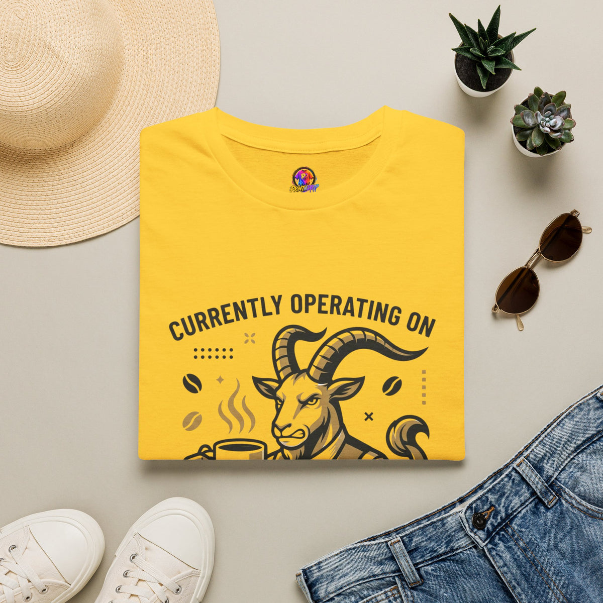 Capricorn T-Shirt — "Currently Operating on Caffeine and Spite" Zodiac Goat Tee