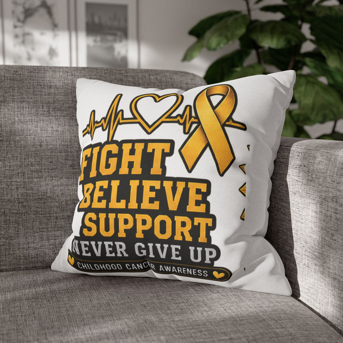 Childhood Cancer Awareness Pillow — "Fight Believe Support Never Give Up" Gold Ribbon Decorative Throw Pillow