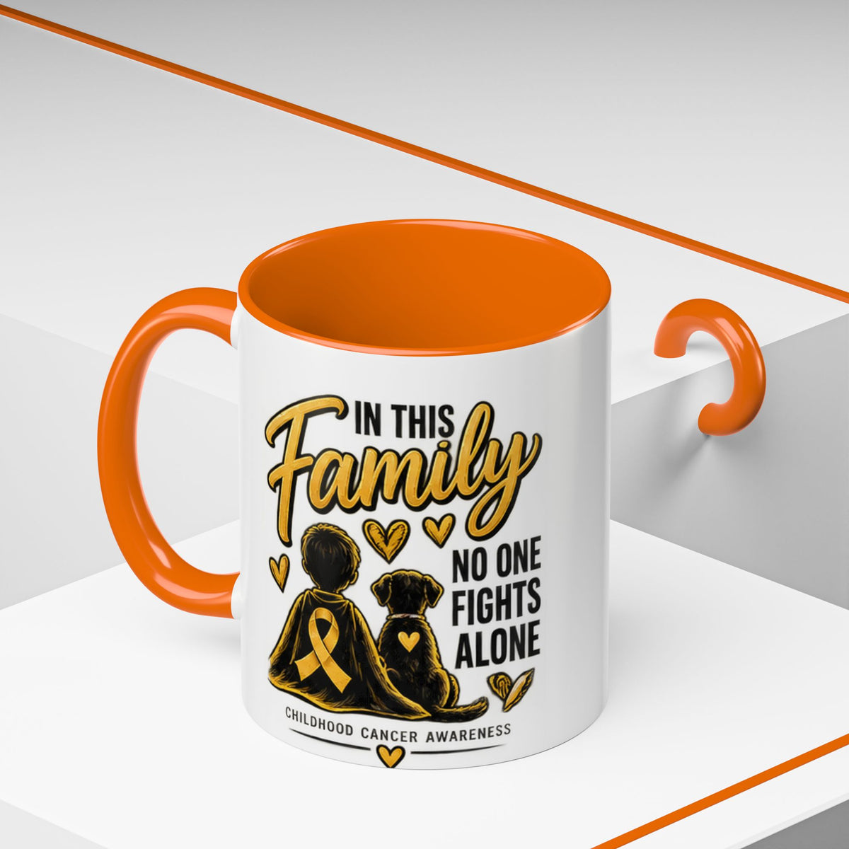 Childhood Cancer Awareness Accent Coffee Mug – "In This Family No One Fights Alone" (11/15oz)