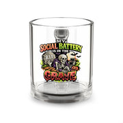 Halloween Glass Mug 10 oz  Glass Mug — "My Social Battery Is in the Grave" Halloween Skeleton Coffee Cup